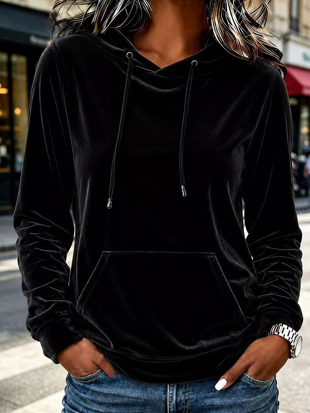 Women's Velvet Kangaroo Pocket Hoodie in Black, front view