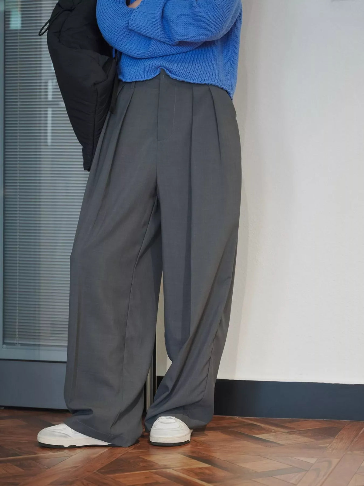 Women's High-Waisted Pleated Wide-Leg Pants in gray — front view