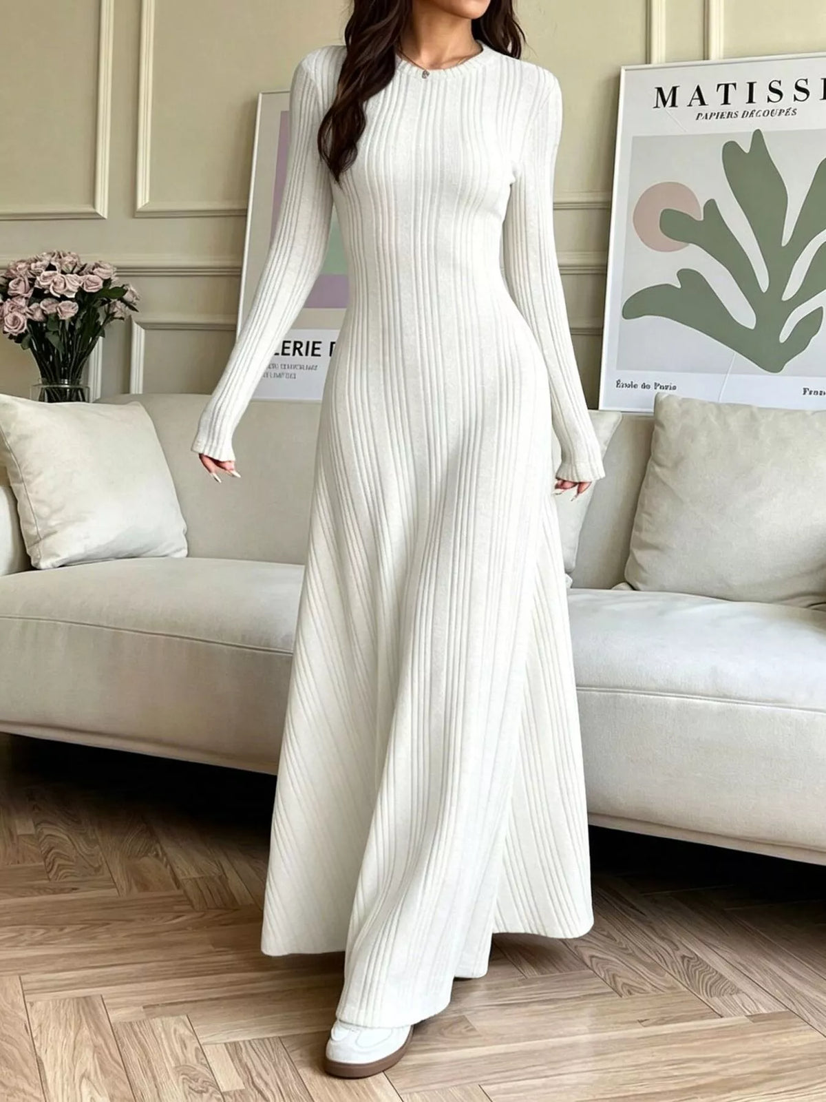 White ribbed long-sleeve dress, front view