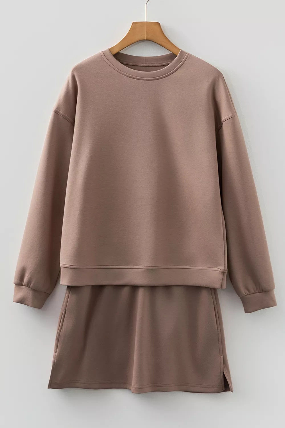 Trendsi Solid Color Drop Shoulder Pullover Drawstring Mini Skirt 2pcs Outfit -