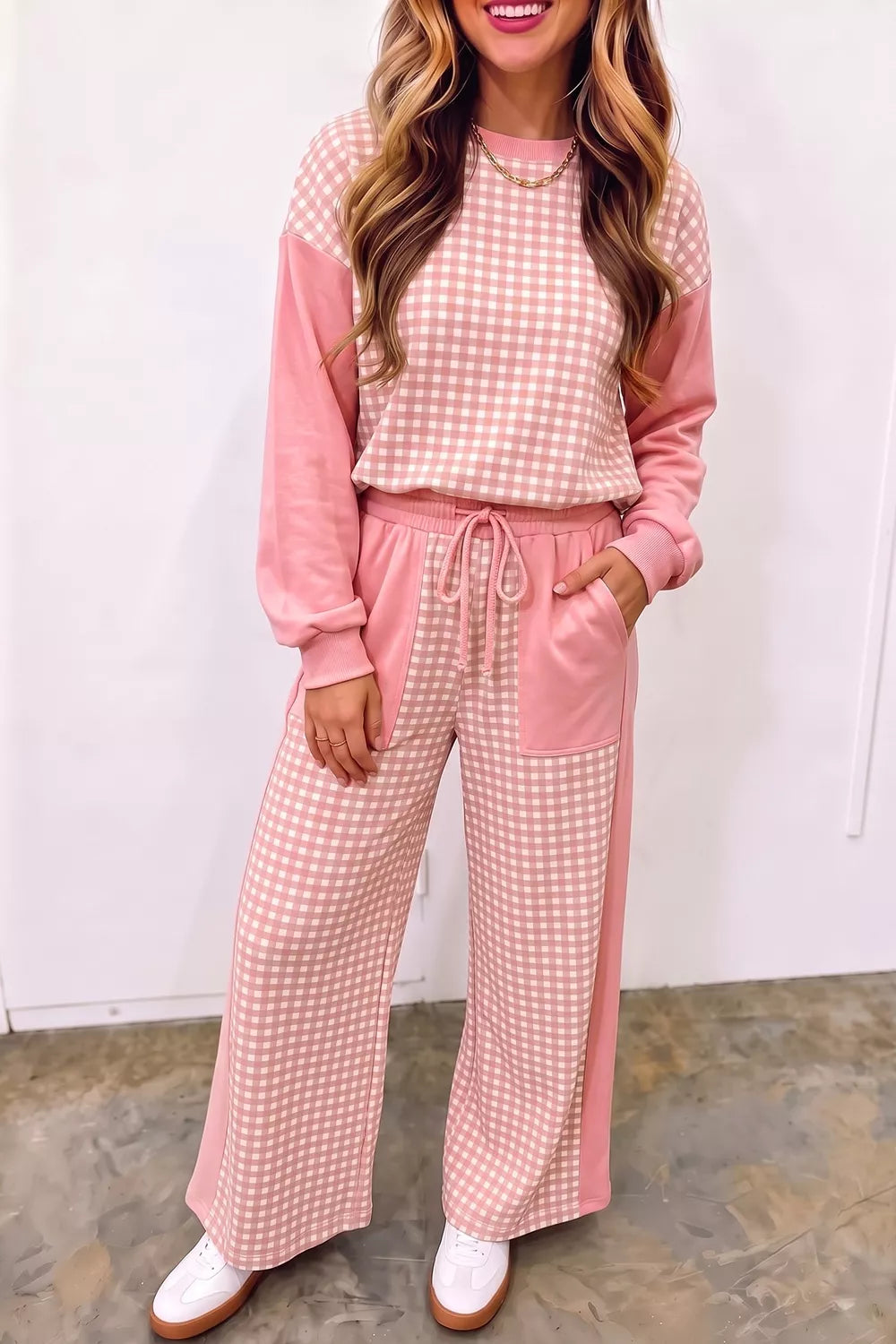 Burnt Coral Plaid-Patchwork Pullover & Wide-Leg Pants Set front view