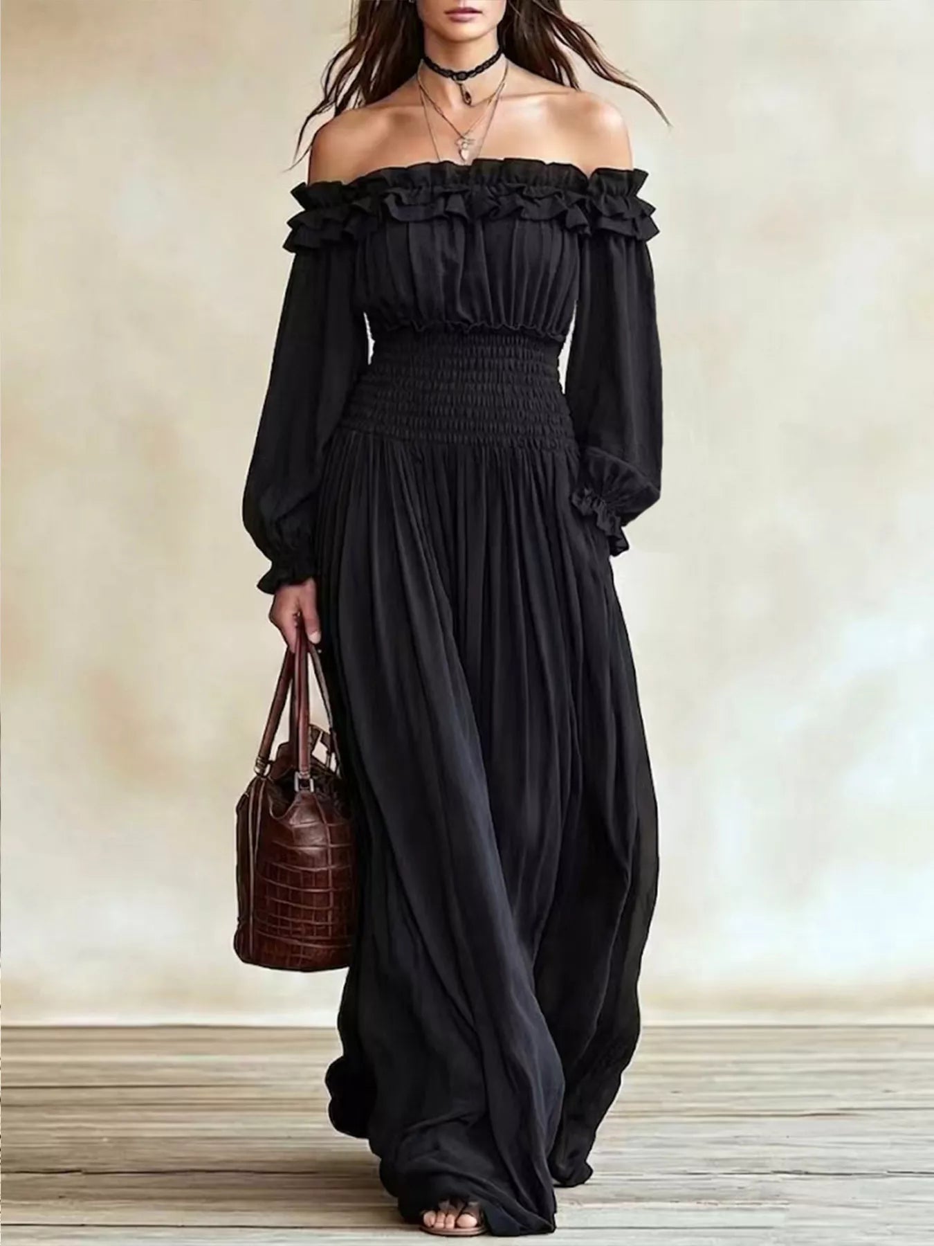 Trendsi Full Size Off-Shoulder Ruffled Maxi Dress with Smocked Waist Plus Size -