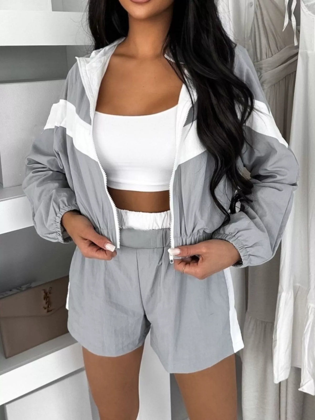 Trendsi Color Block Zip-Up Jacket and Shorts Two-Piece Set -