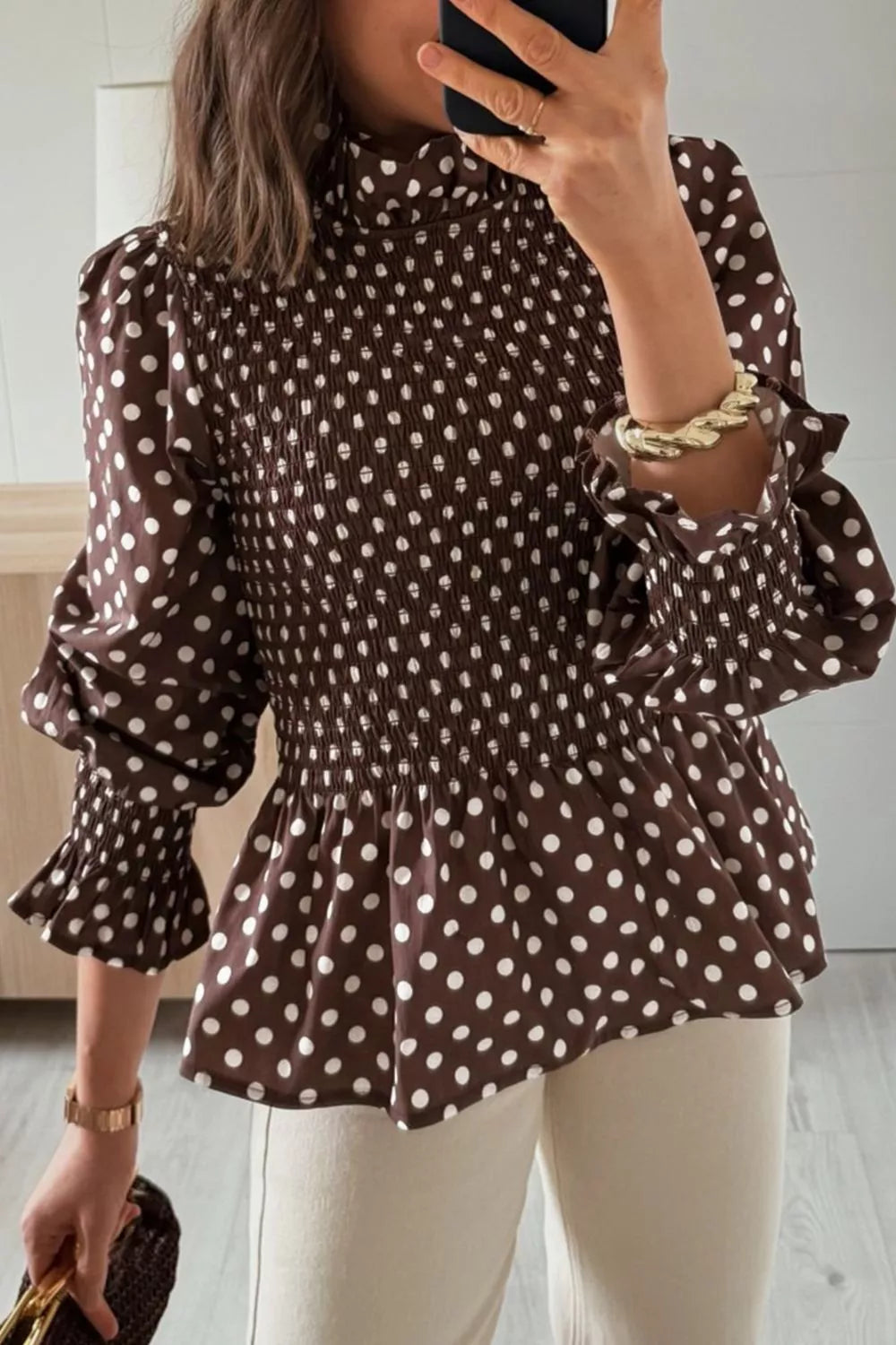 Brown polka dot polka dot high neck ruffled peplum blouse — front view
