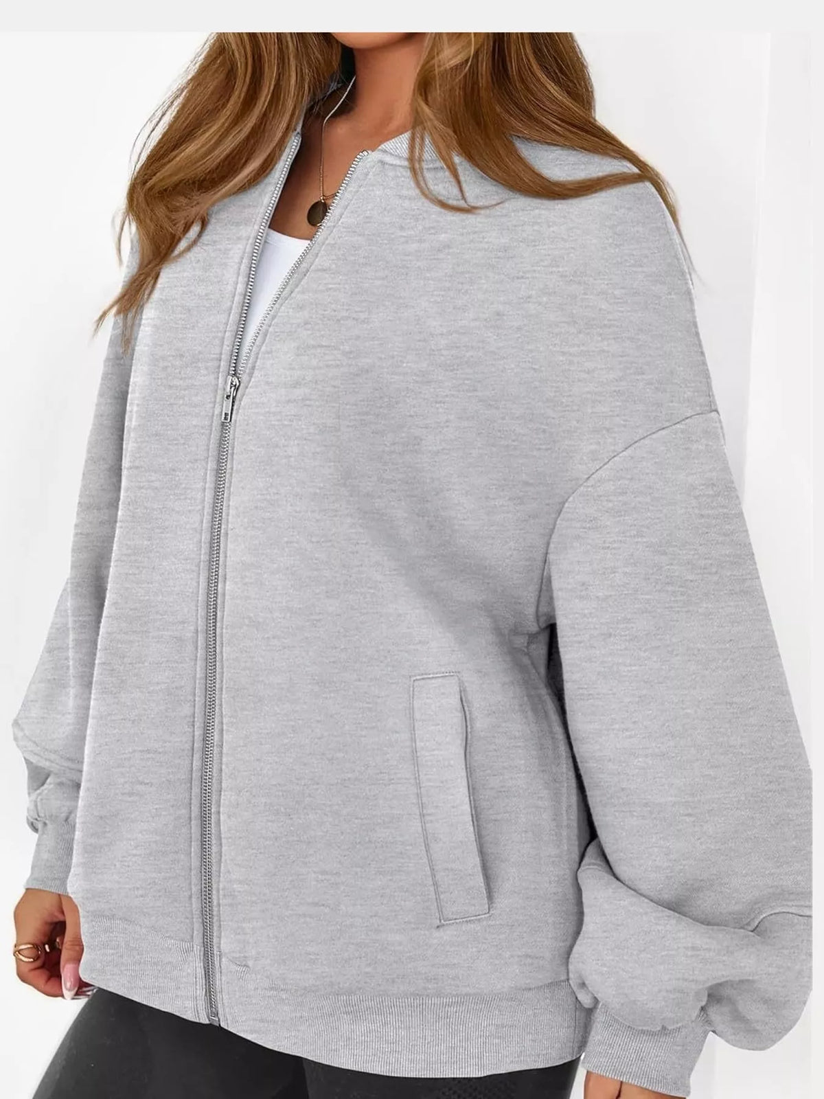 Gray oversized zip-up jacket — front view