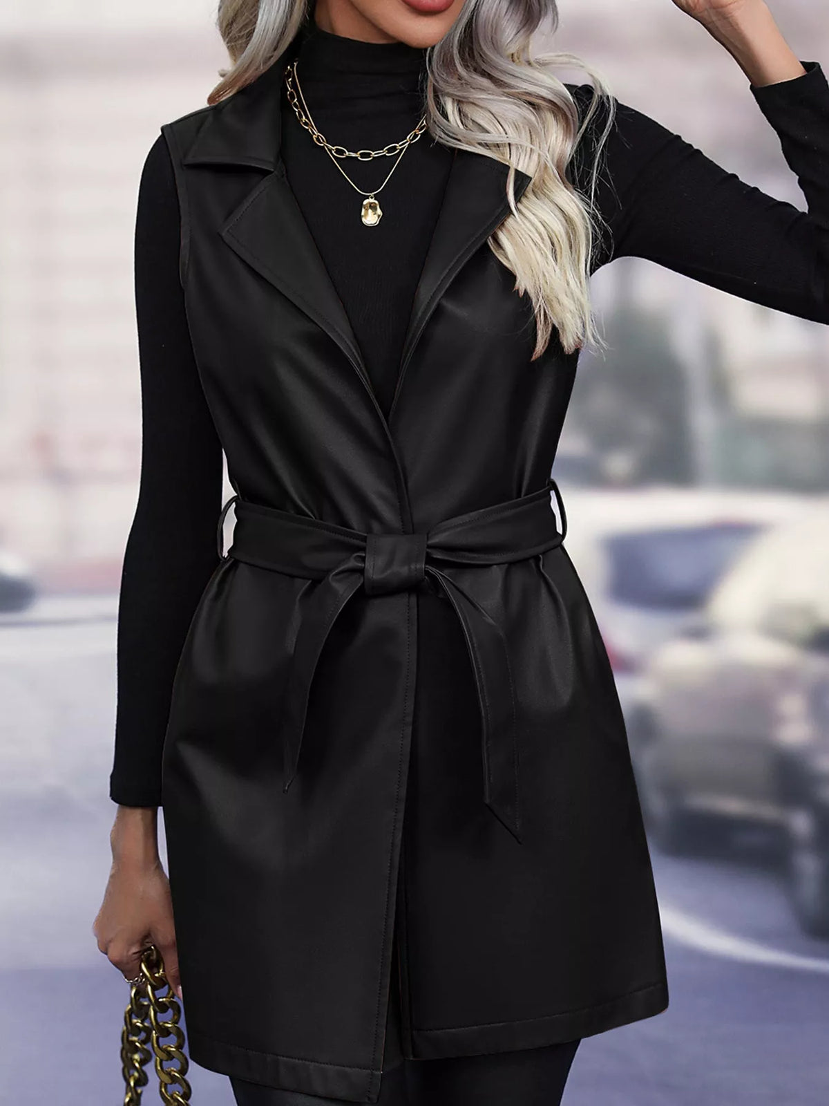 Tie Waist Longline Vest in black, front view