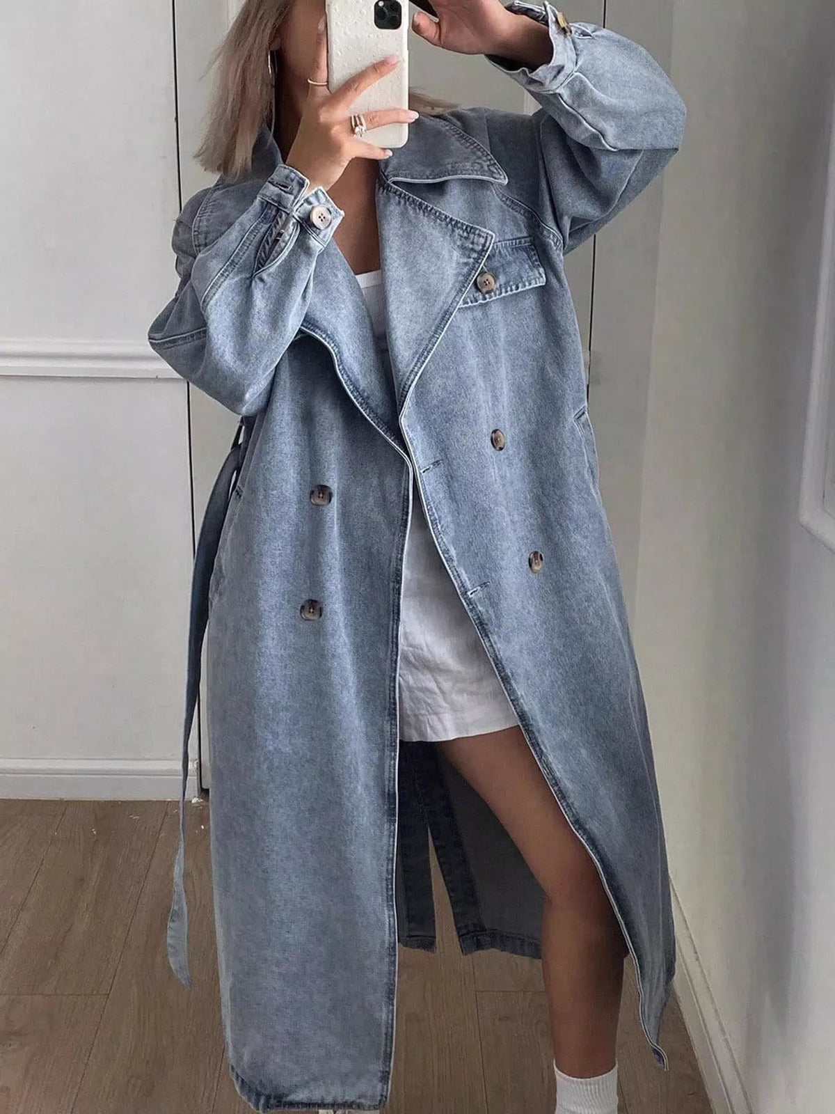 Denim trench jacket, blue front open