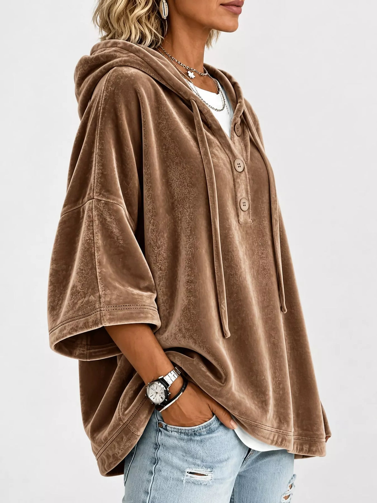 Velvet Button Hoodie in brown, side view