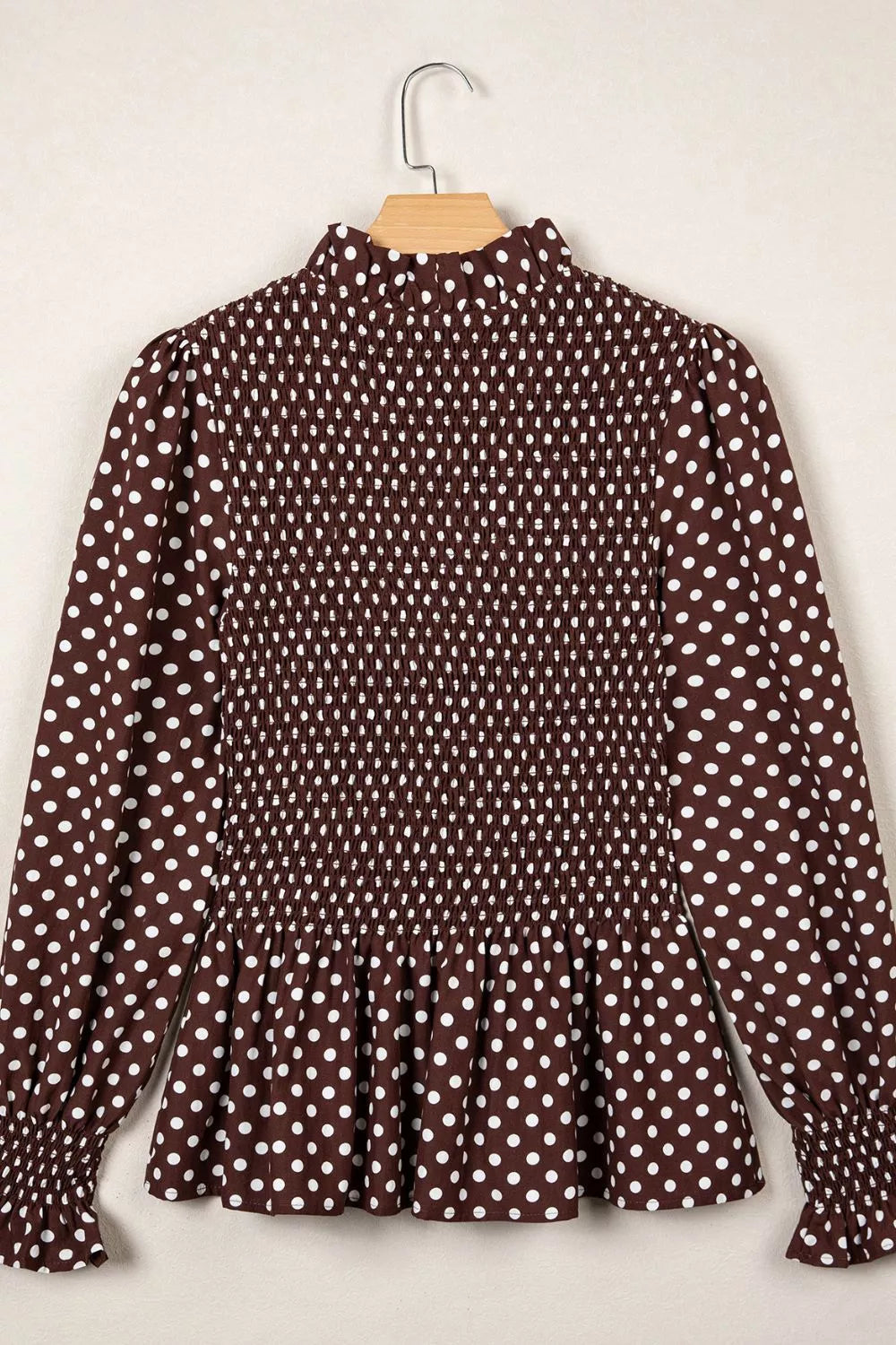 Brown polka dot polka dot high neck ruffled peplum blouse — back view
