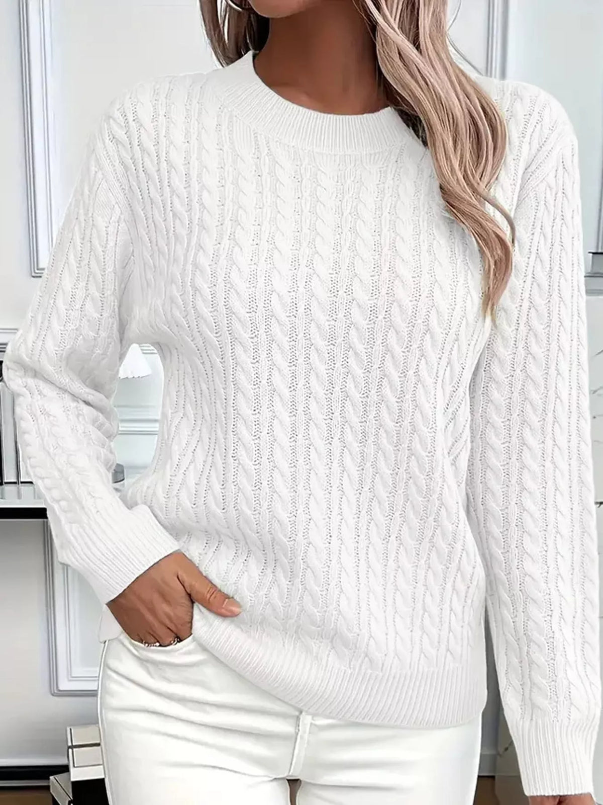 White cable knit round neck sweater
