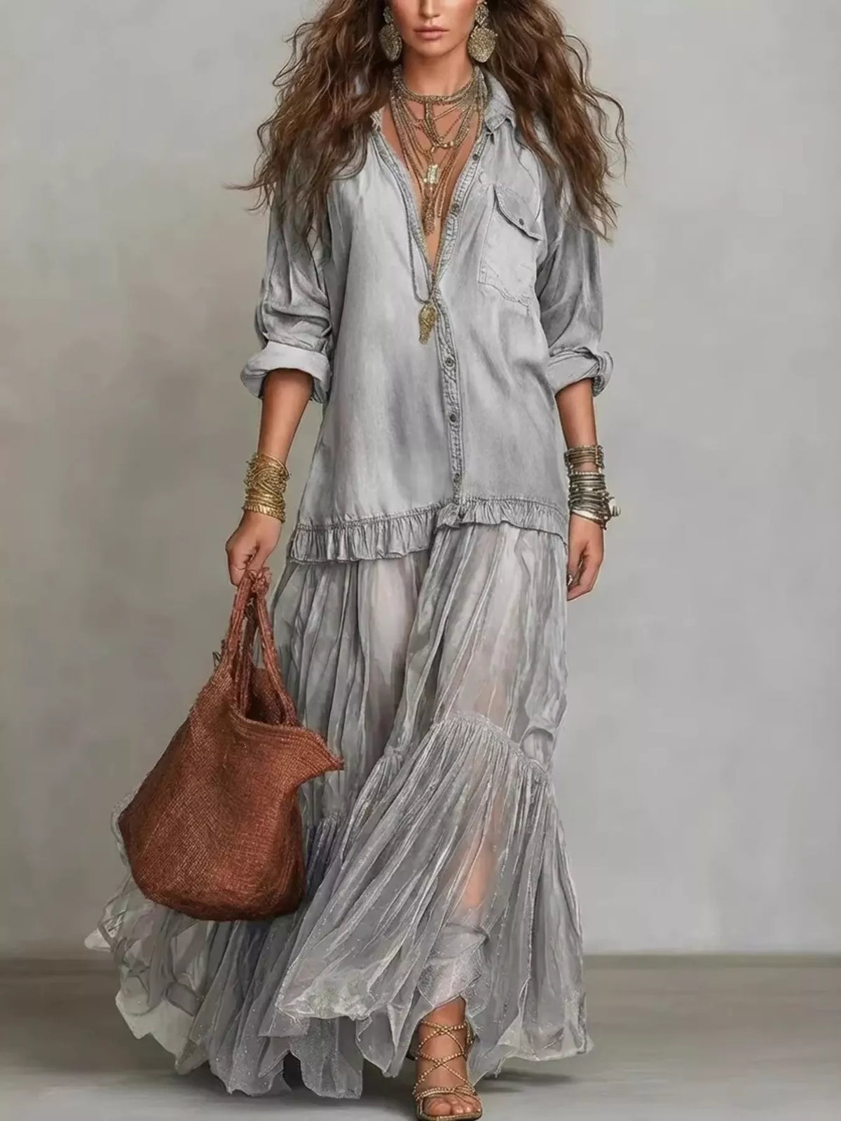 Light gray sheer tiered long sleeve maxi dress — front view