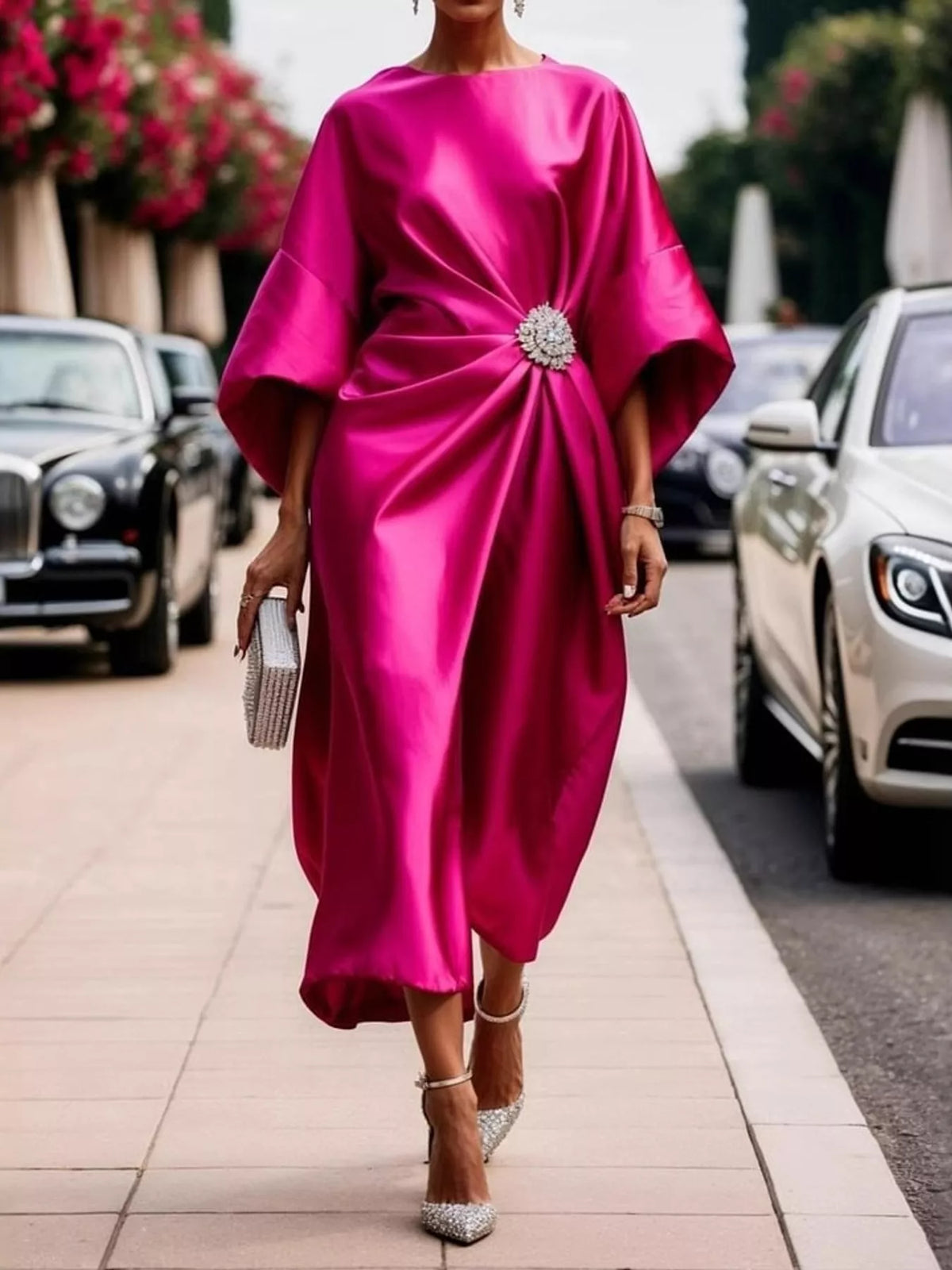 Hot Pink satin draped brooch evening dress