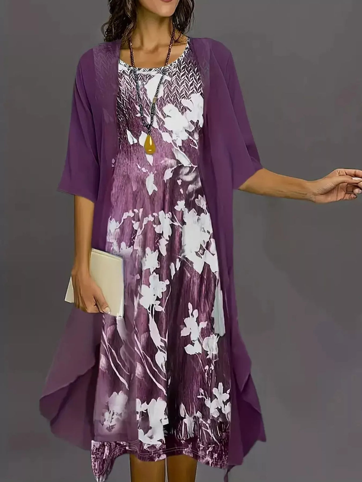 Floral dress and cardigan set, purple front