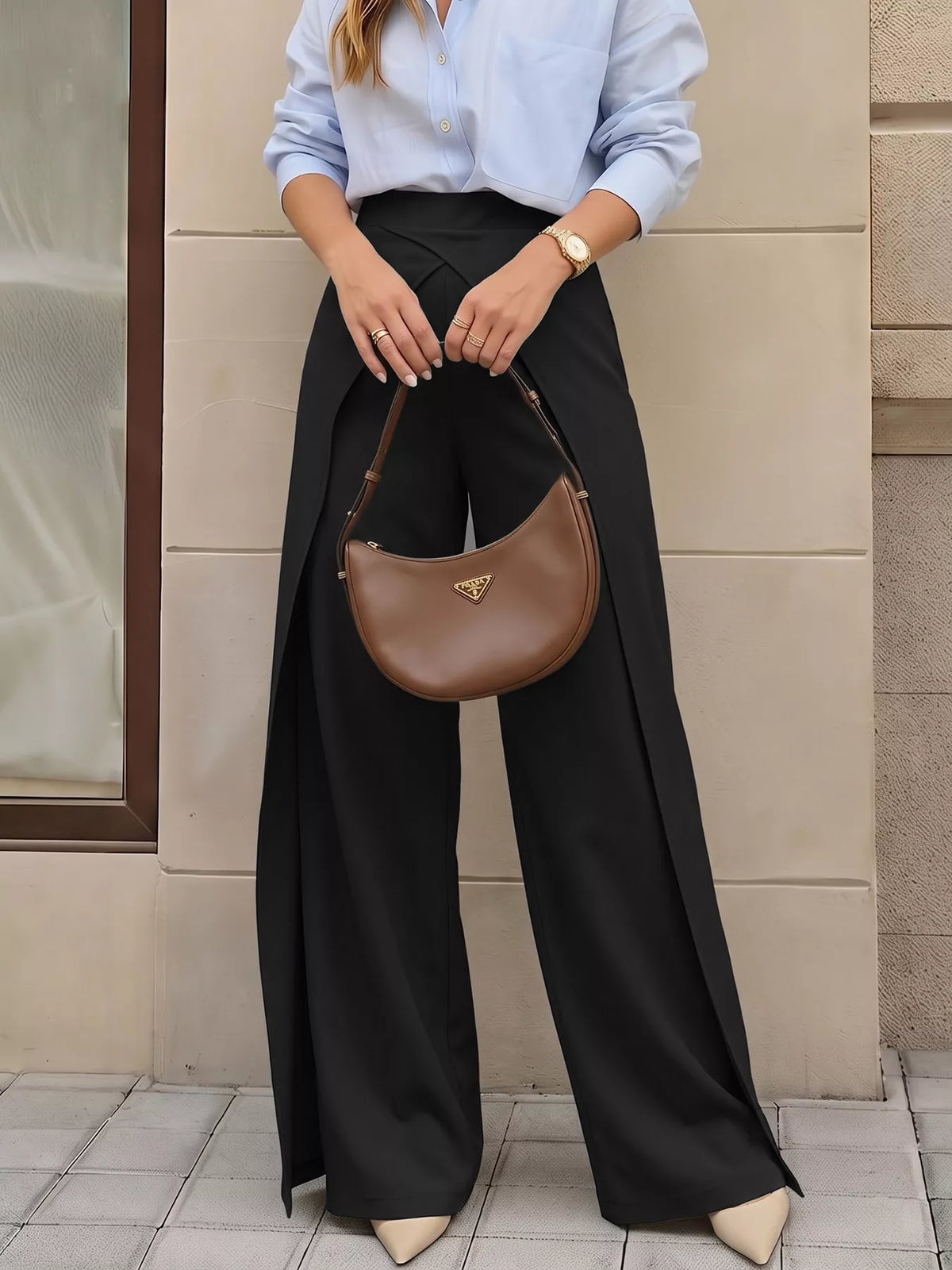 Black wide-leg pants with overlap front, front styled view