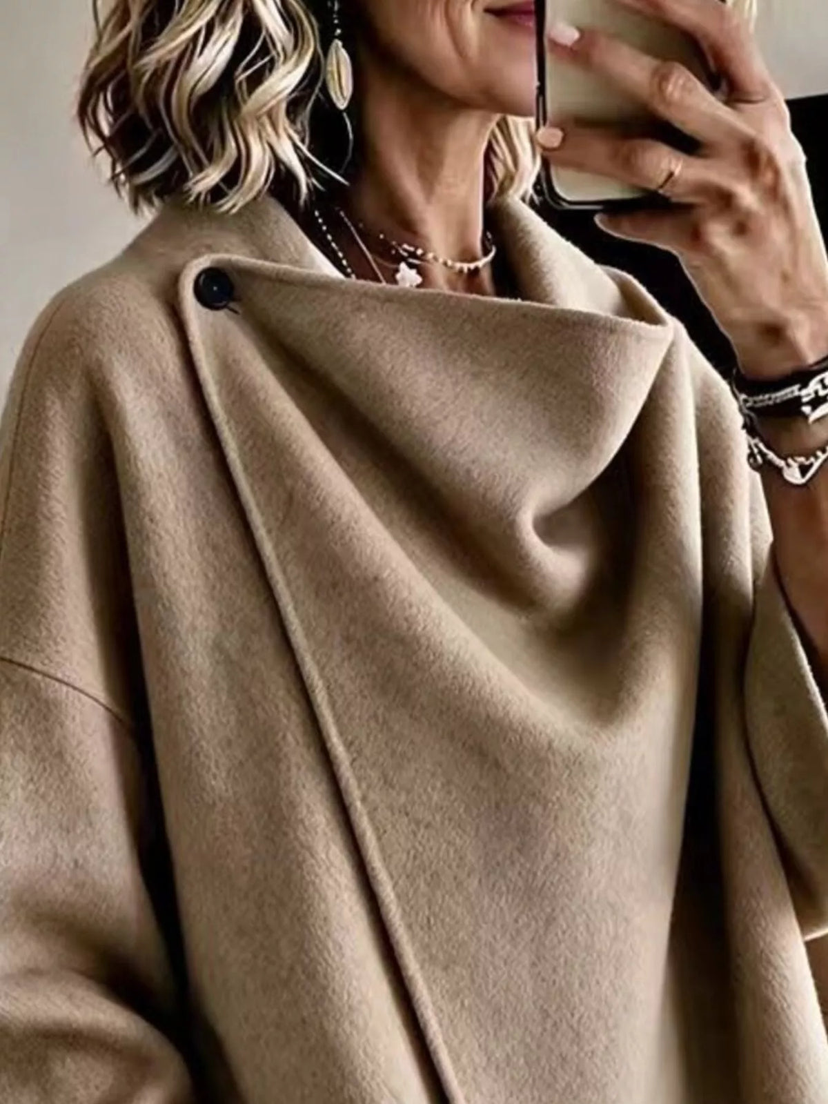 Women's Asymmetric Collar Button Detail Jacket in taupe — neckline detail view