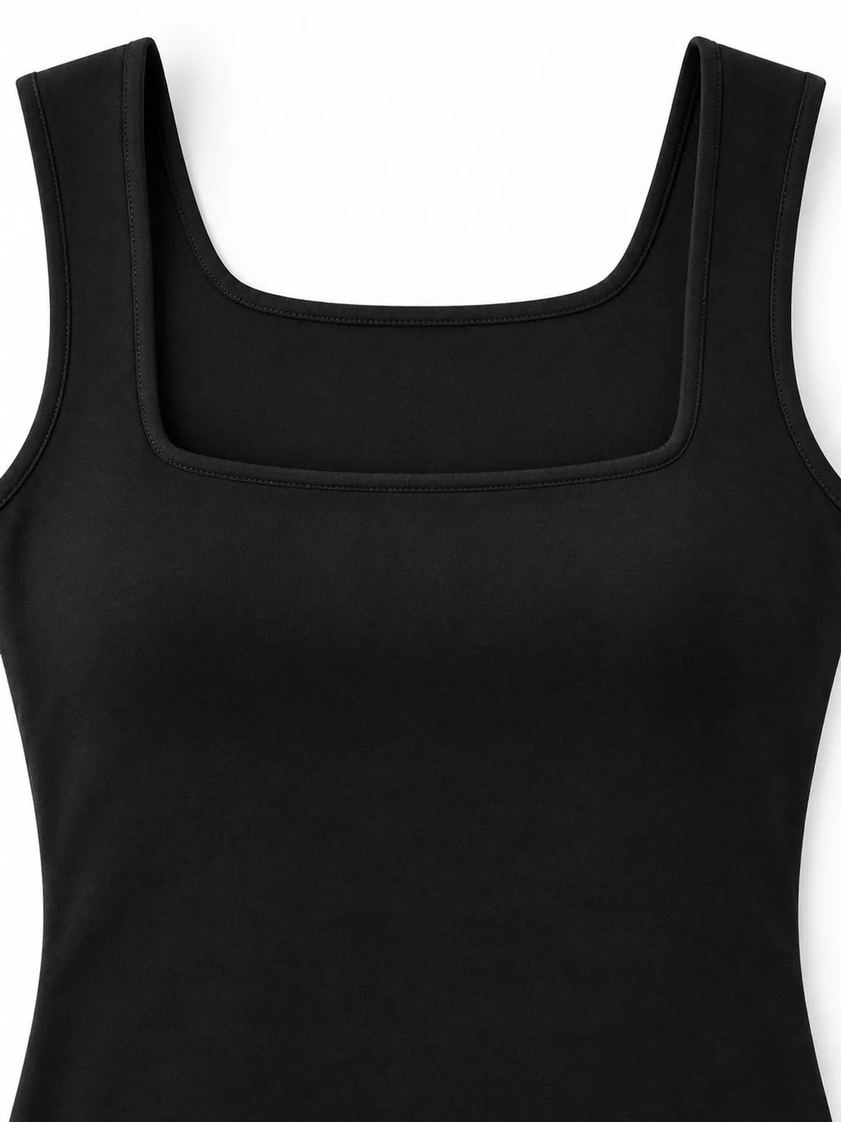 Black square-neck tank, neckline close-up