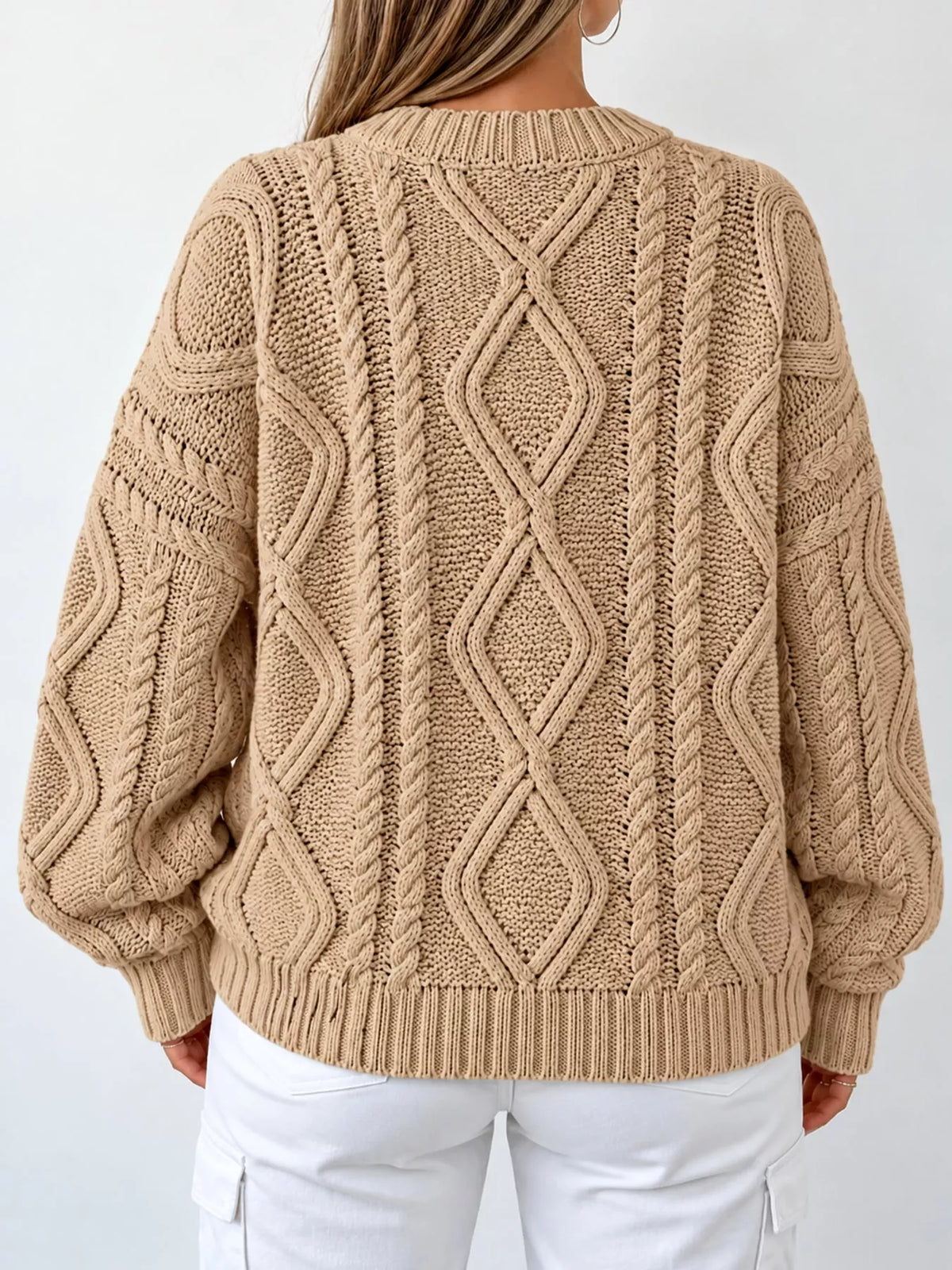 Khaki cable-knit round neck sweater