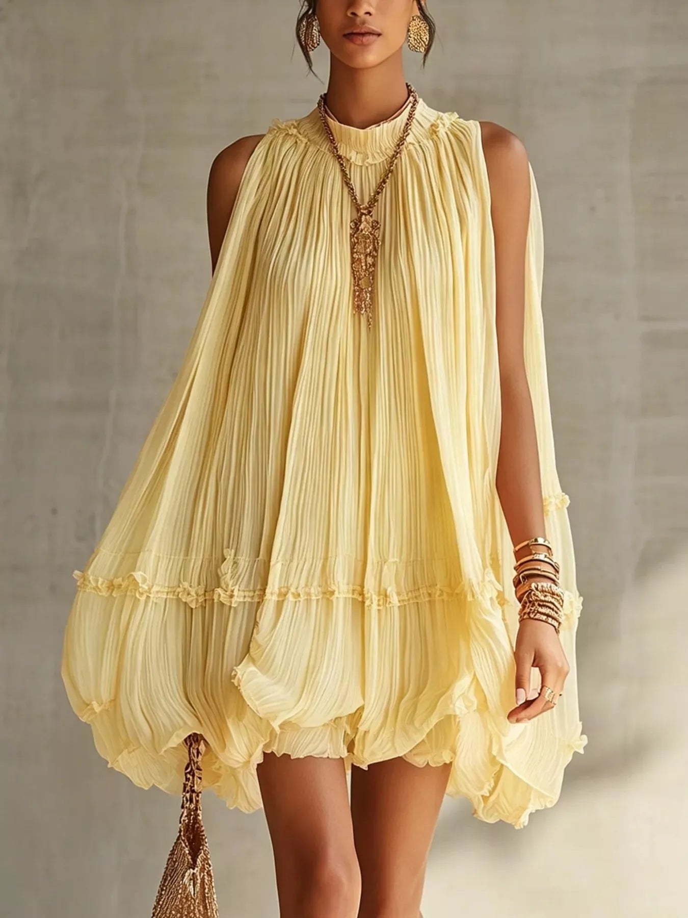 Trendsi Pleated Mock Neck Sleeveless Mini Dress -