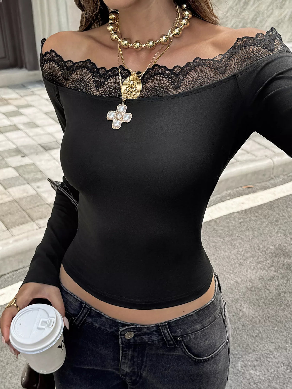 Off-Shoulder Lace Trim Long Sleeve T-Shirt in black, front view