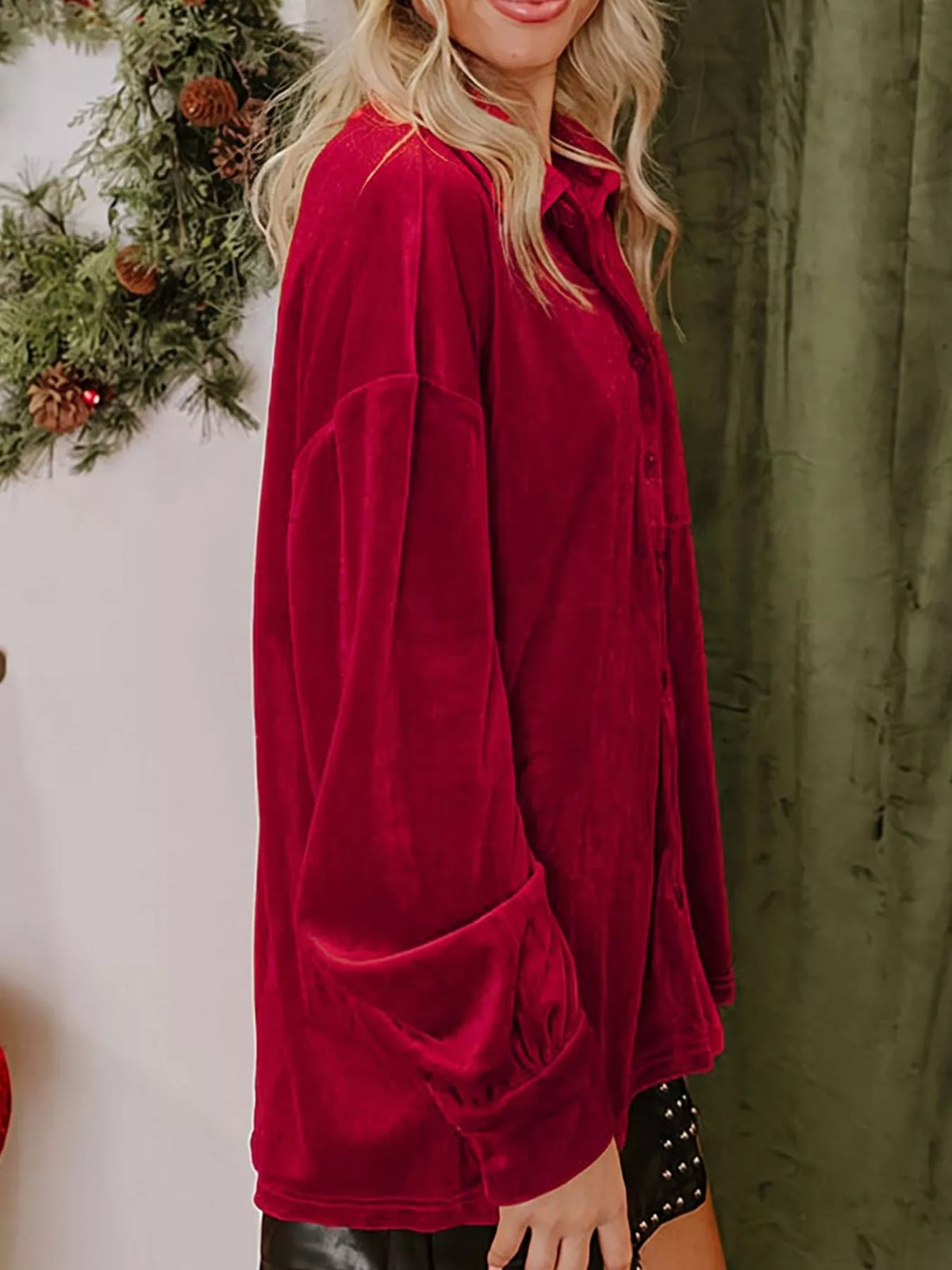 Red velvet button-down shirt with patch pockets — side view