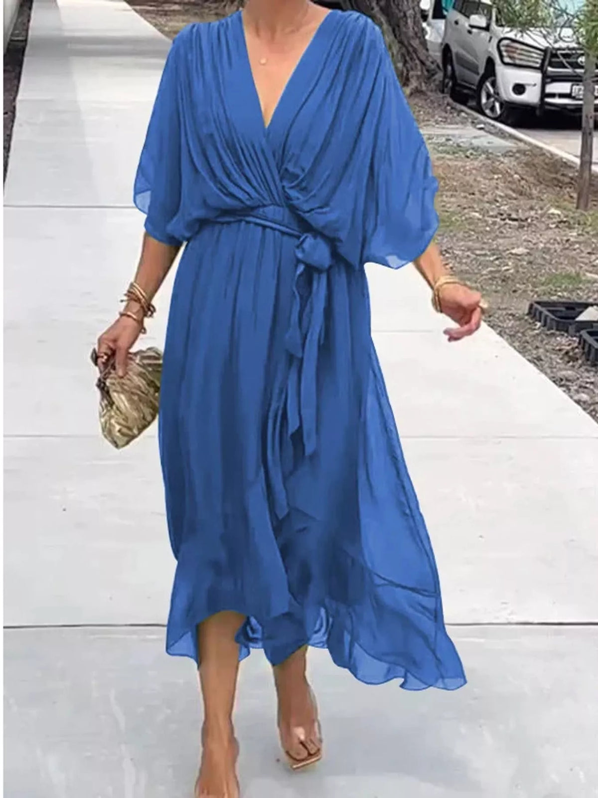 Blue batwing sleeve wrap dress with waist tie, front view
