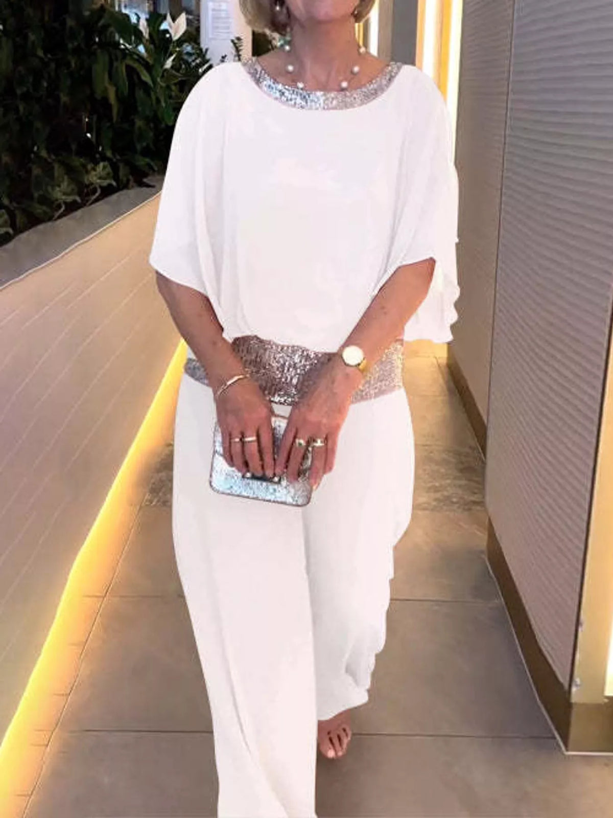 Chiffon Top and Wide-Leg Pants Set — front view