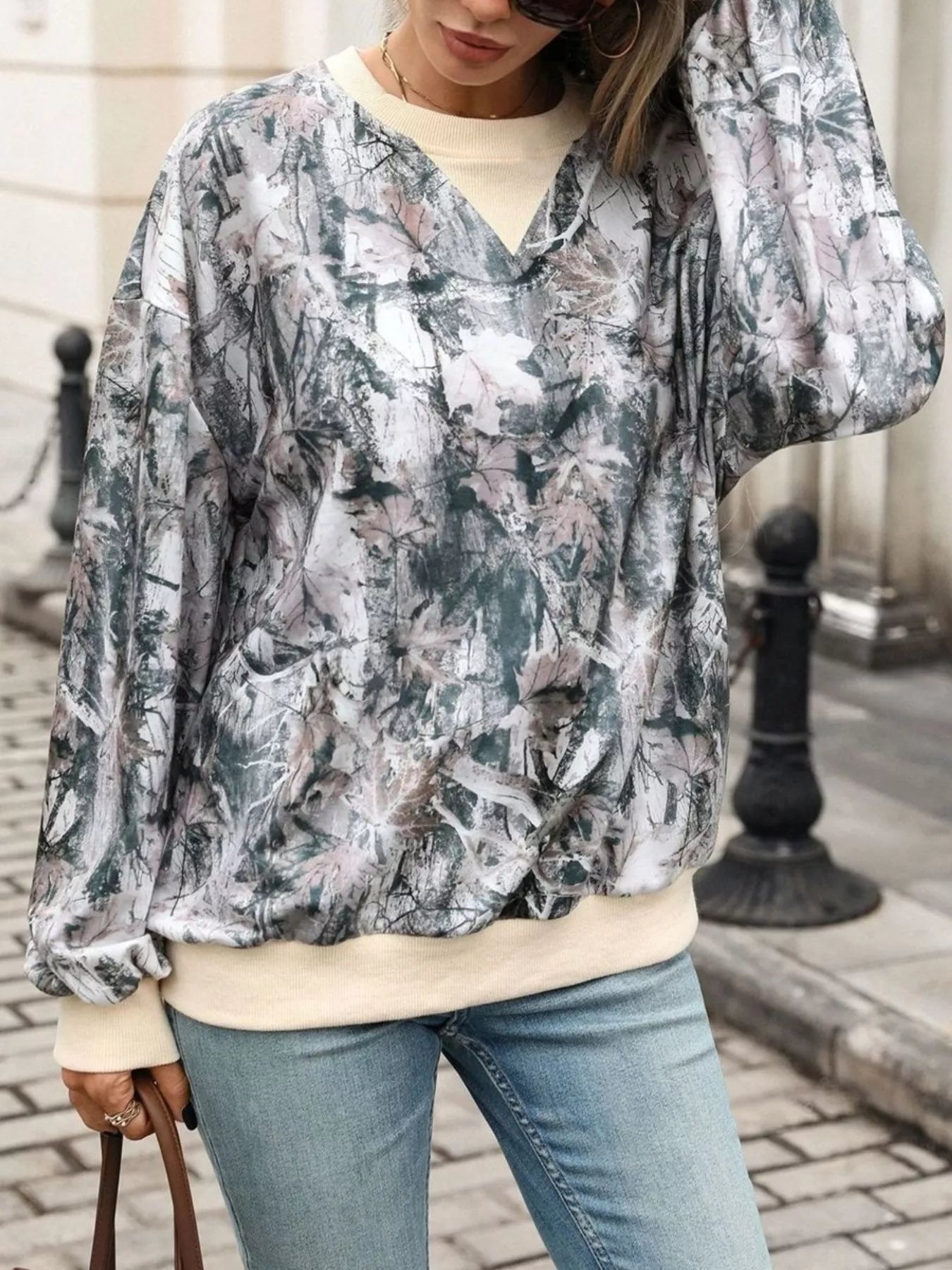 Trendsi Leaf Print Sweatshirt with Contrasting Trim -
