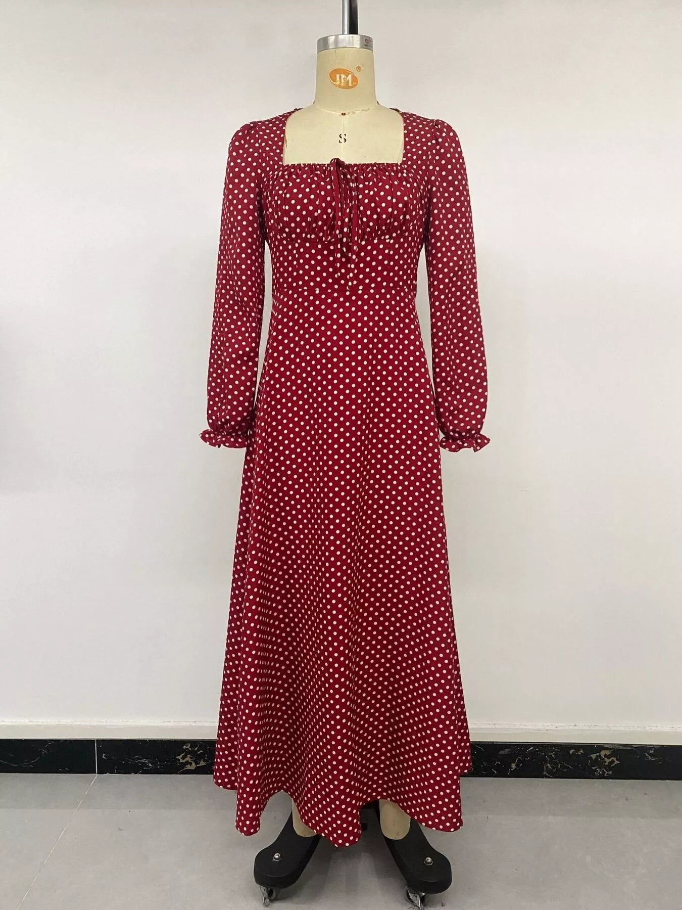 Trendsi Square Neck Polka Dot Long Sleeve Maxi Dress -