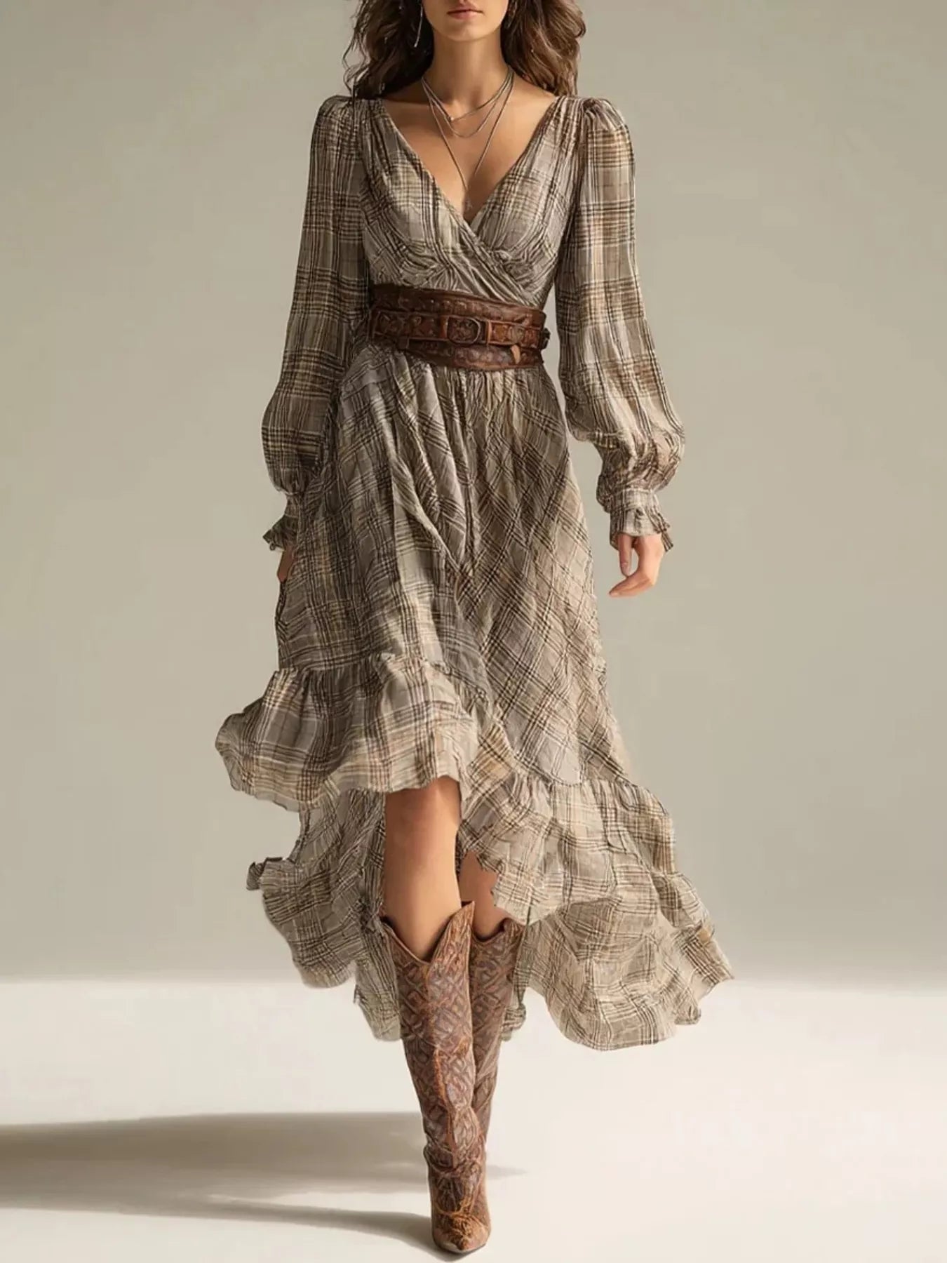 Trendsi Plaid High-Low Long Sleeve Dress -