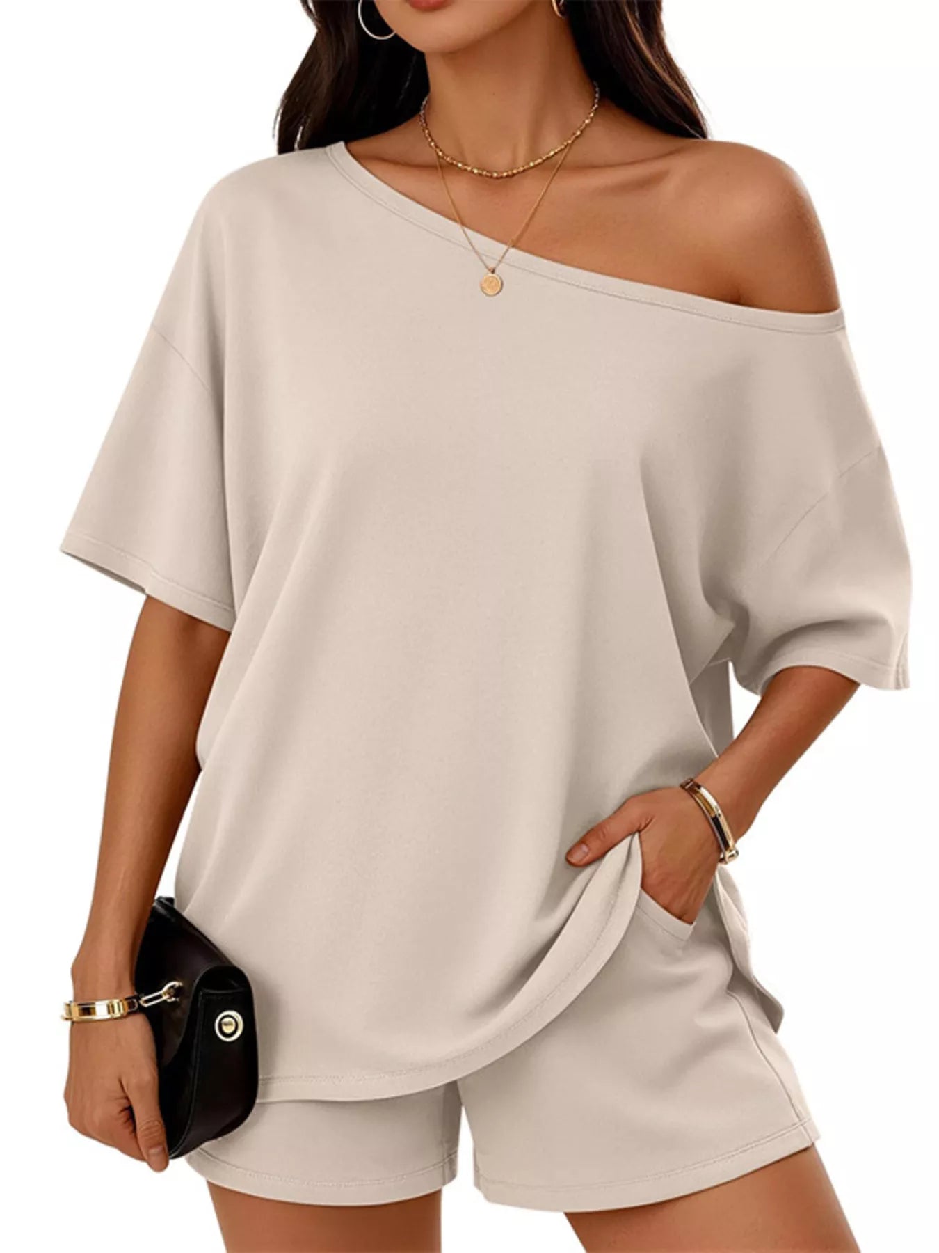 Trendsi One-Shoulder Short Sleeve Top and Shorts Set -