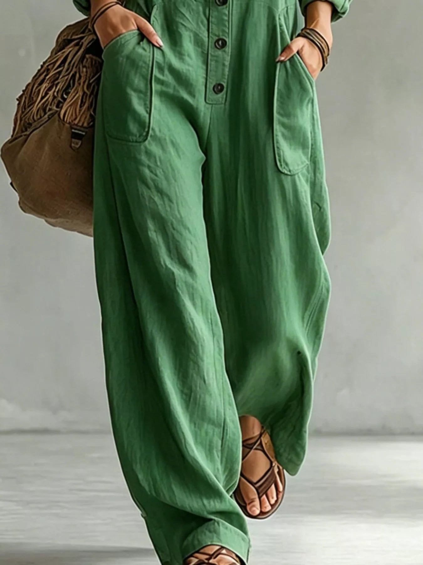 Trendsi Full Size Long Sleeve Button Front Jumpsuit Plus Size -