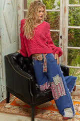 Trendsi POL Cable-Knit Solid V-Neck Cropped Sweater -