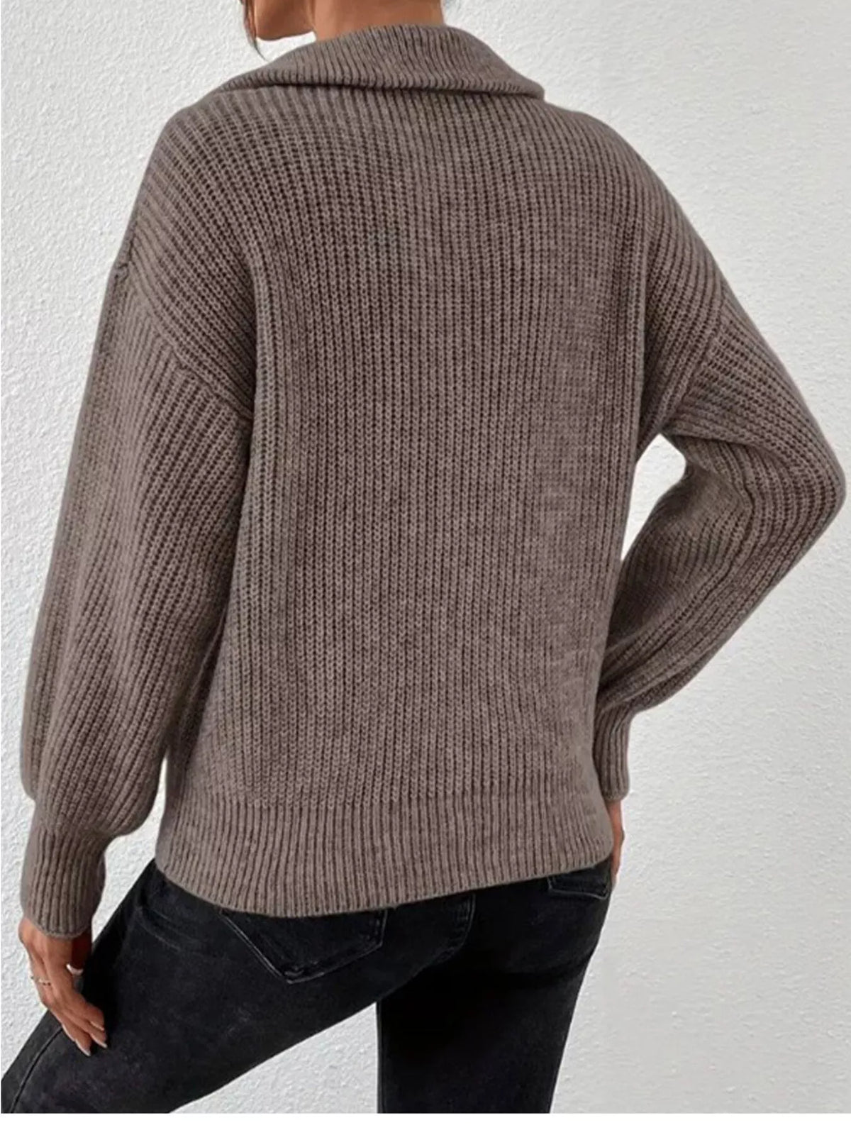 Women's Quarter-Zip Dropped Shoulder Sweater in Gray, front view