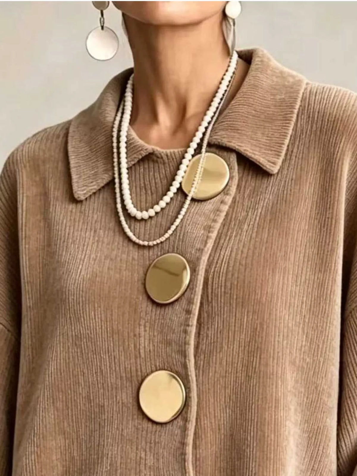 Women's Ribbed Knit Gold Buttons Cardigan in beige — collar detail view