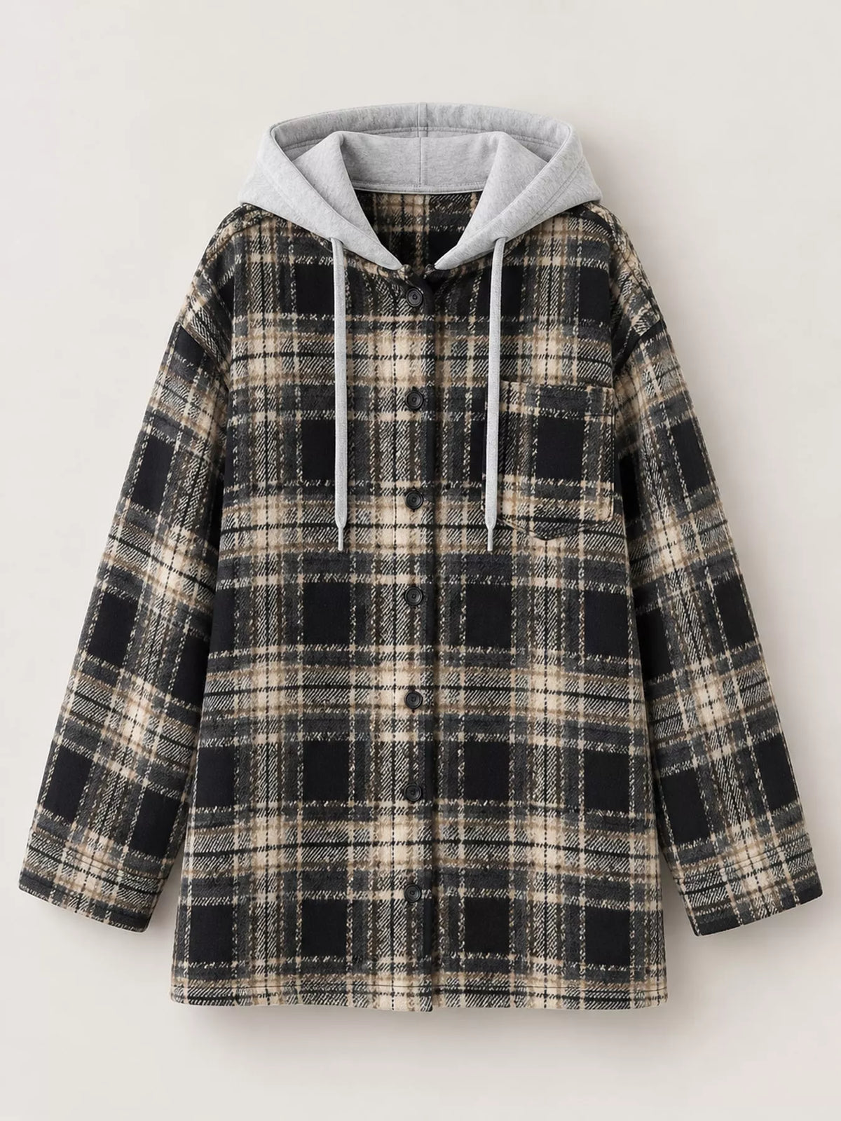 Black plaid button-up hooded shacket