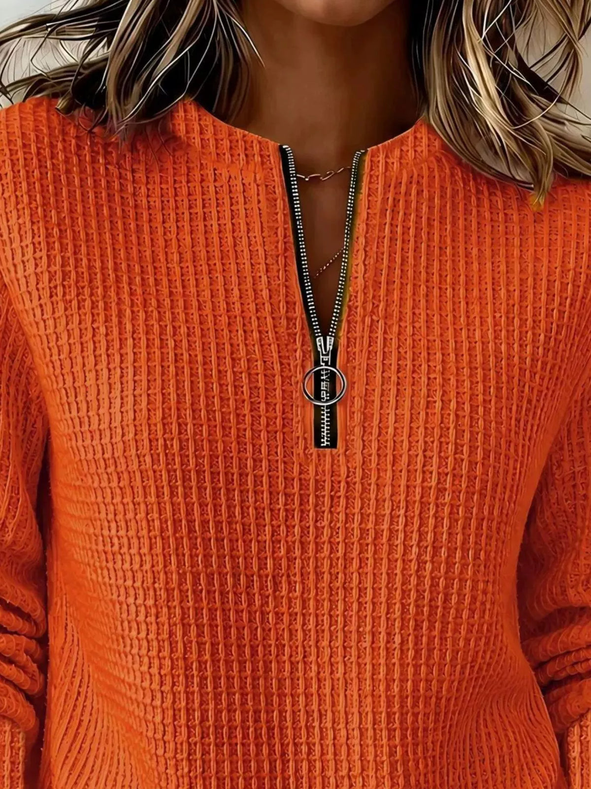 Orange quarter-zip textured sweatshirt, half-zip neckline and textured fabric