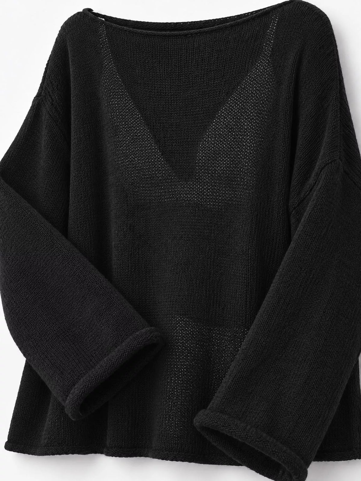 Black sheer openwork knit long sleeve top