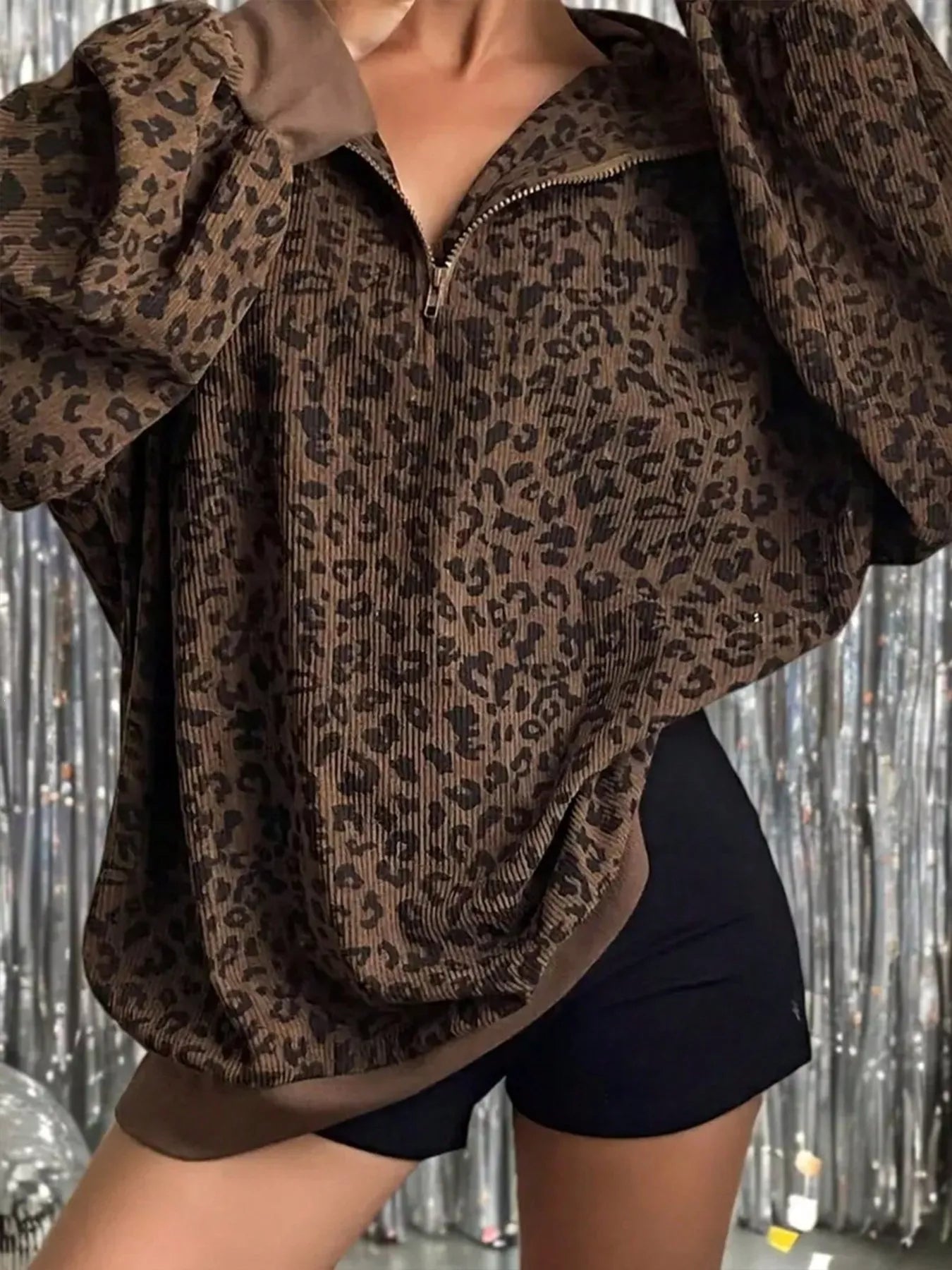 Trendsi Leopard Print Quarter-Zip Sweatshirt -