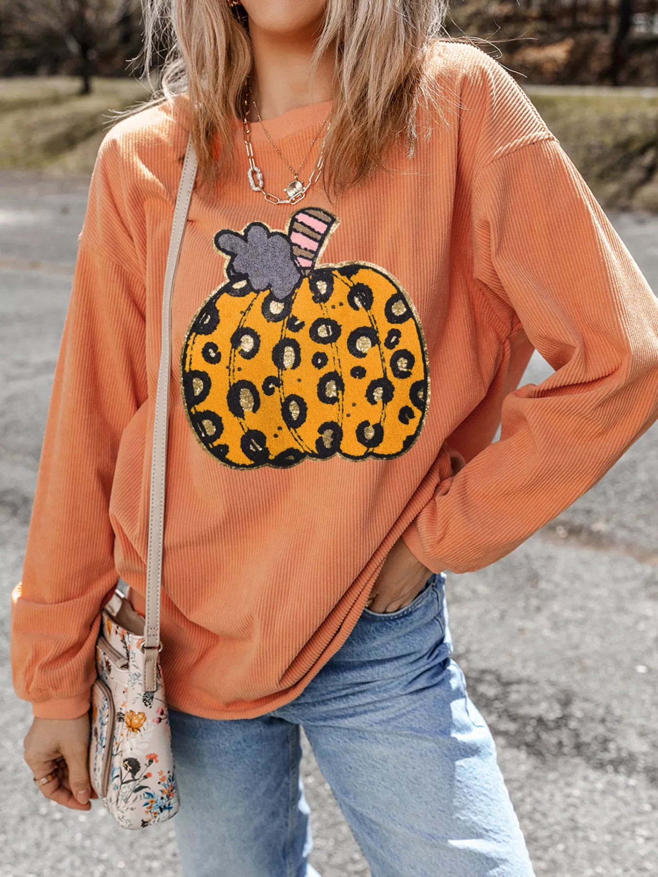 Trendsi Halloween Leopard Pumpkin Patchwork Ribbed Sweatshirt -