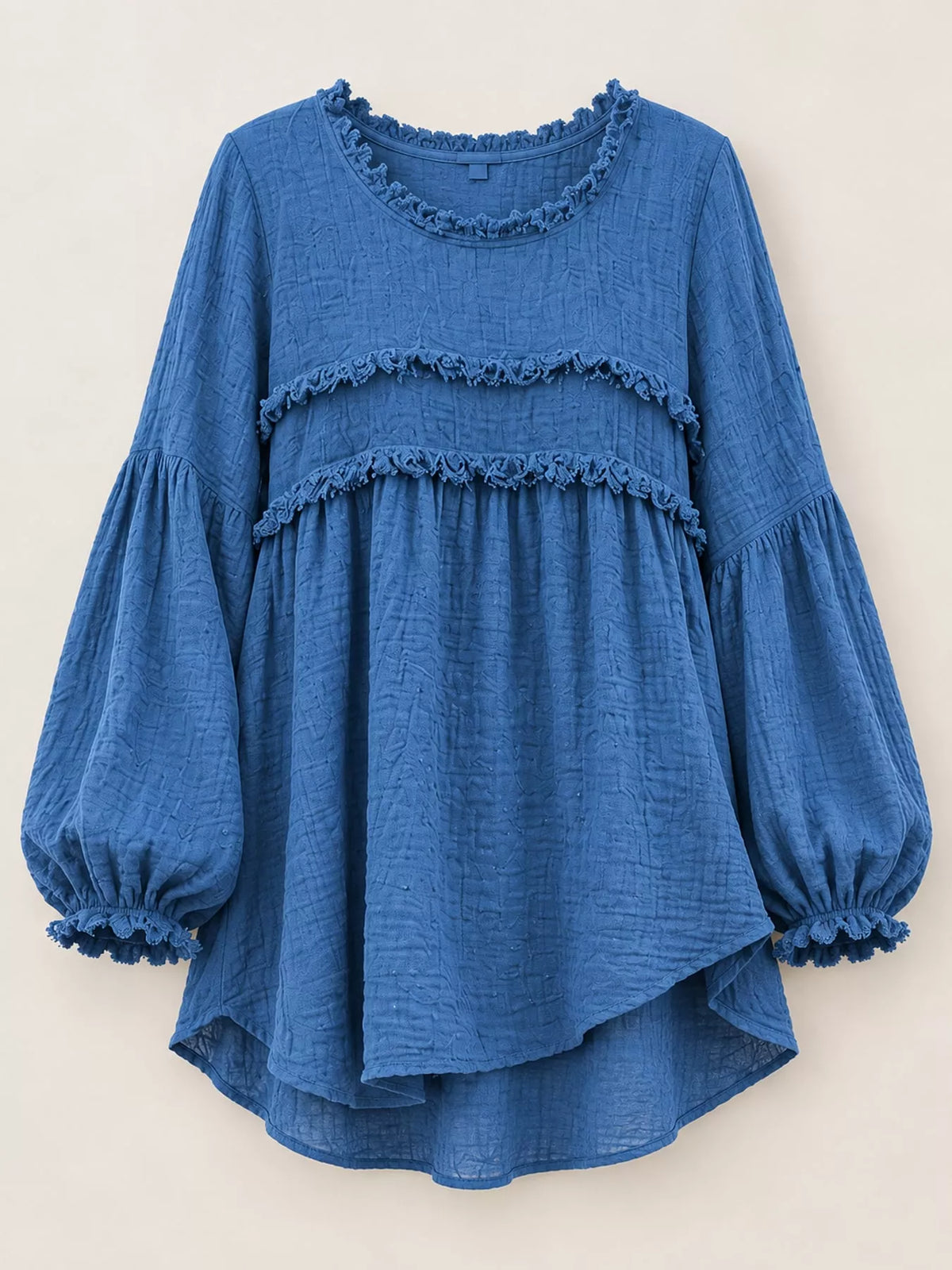 Blue textured frayed-trim peplum blouse, product view