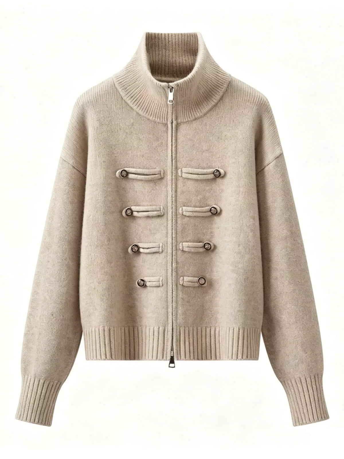 Oatmeal turtleneck zip-up cardigan