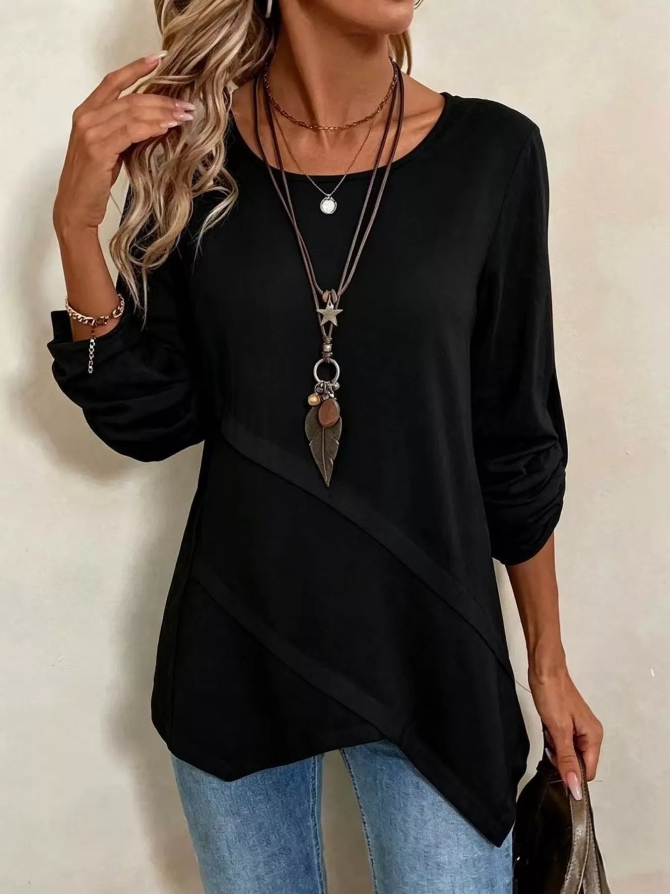 Trendsi Asymmetrical Hem Solid Color Linen Blouse -