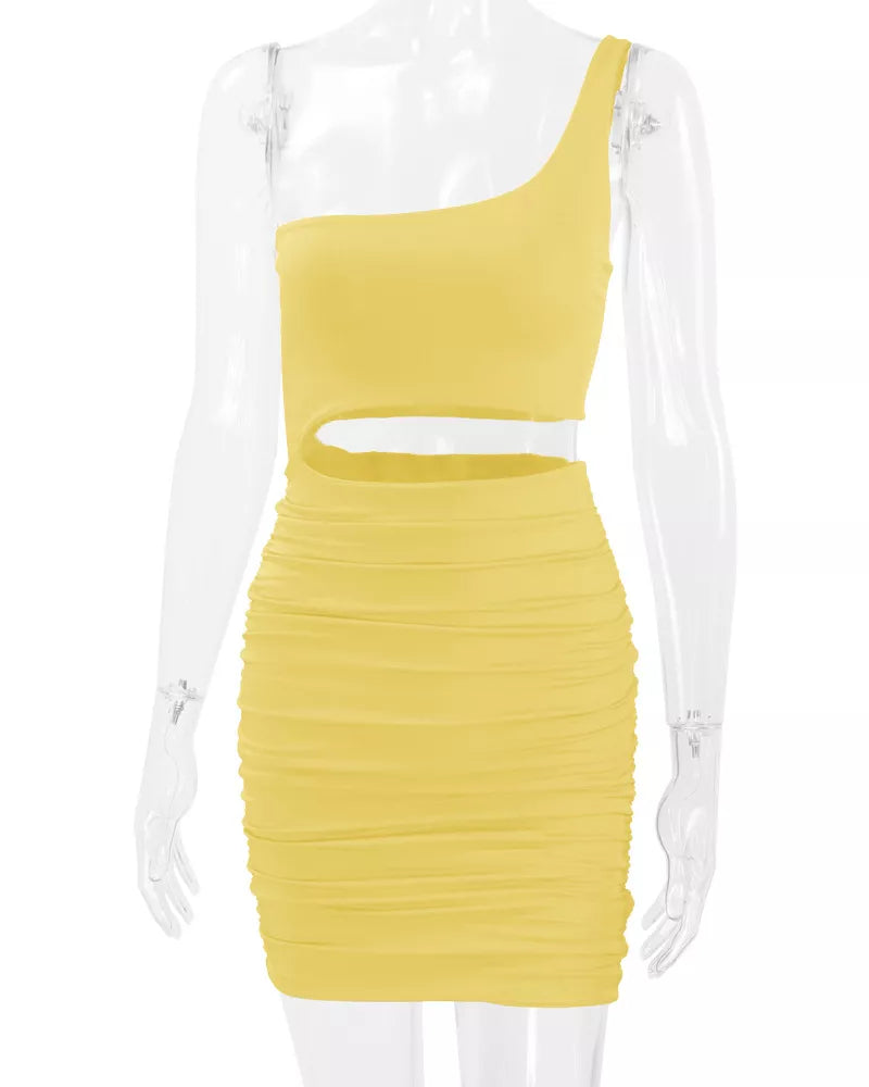One-shoulder cutout dress, yellow mannequin front