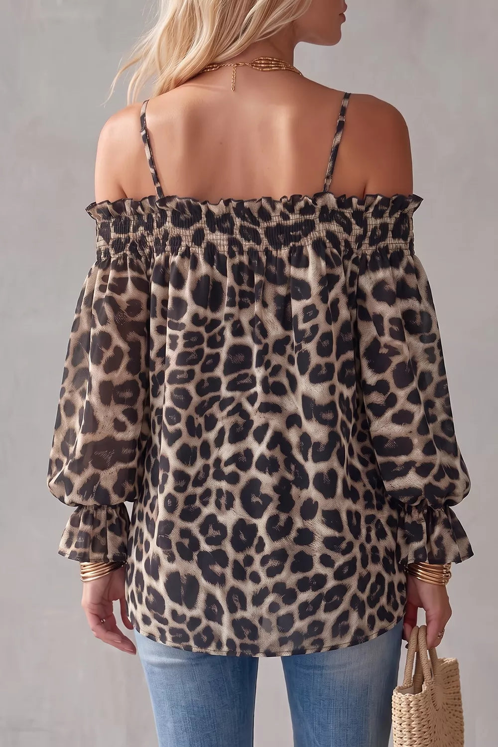 Trendsi Spaghetti Strap Leopard Long Sleeve Blouse -