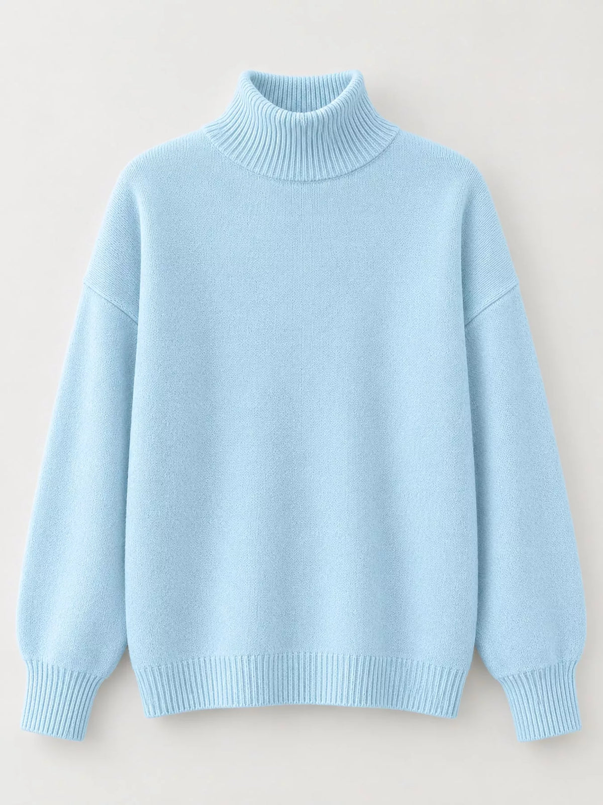 Turtleneck sweater, light blue flat lay