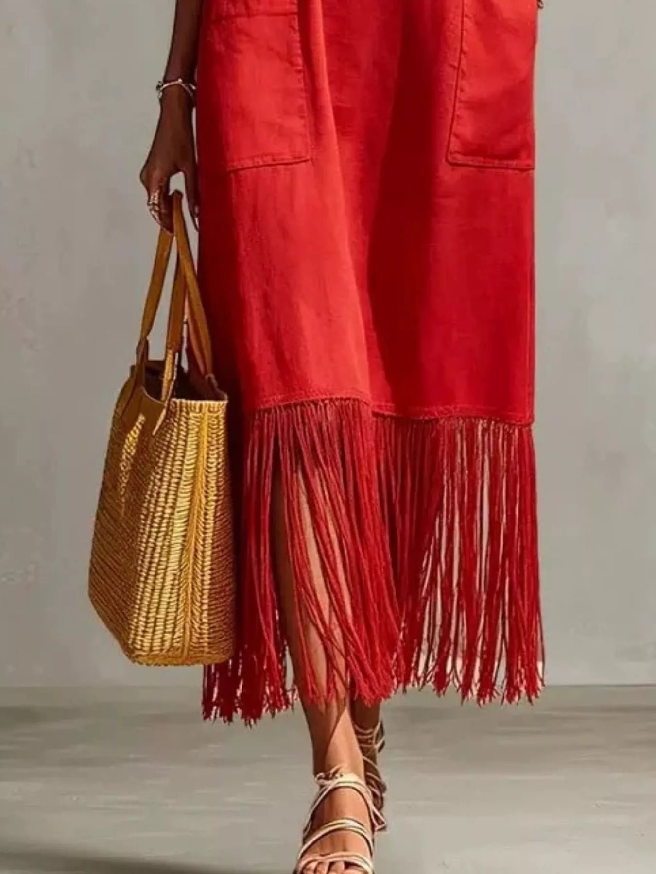 Trendsi Full Size Fringe V-Neck Spaghetti Strap Dress Plus Size -