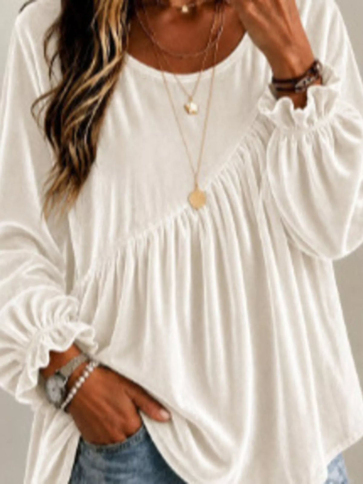 Trendsi Full Size Velvet Round Neck Long Sleeve Blouse Plus Size -