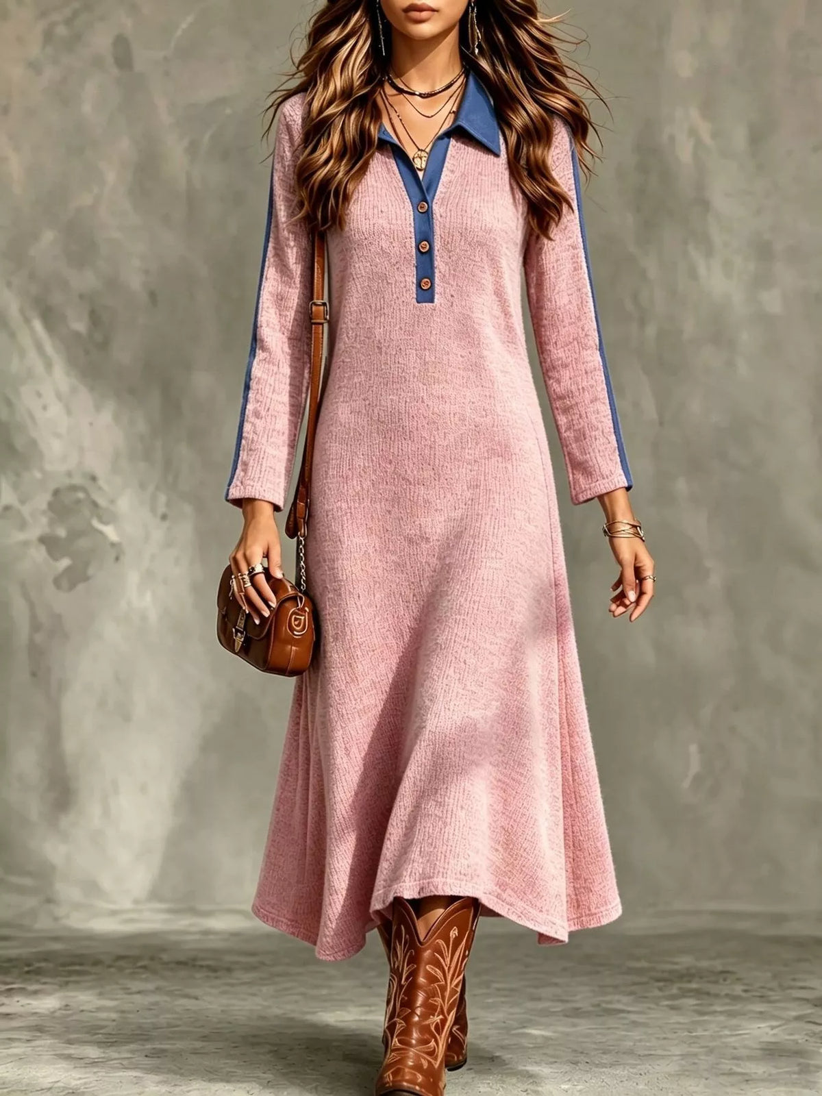 Colorblock Polo Collar Long Sleeve Sweater Dress — front view