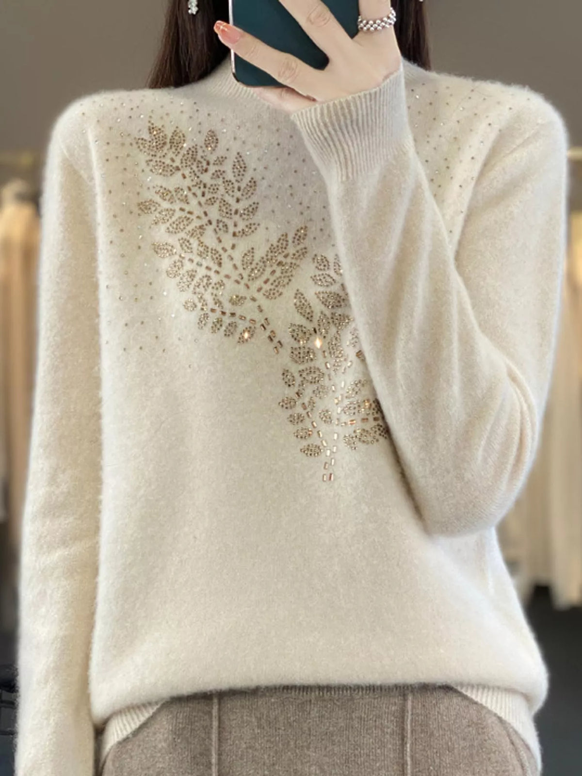 Rhinestone Leaf Mock Neck Sweater — front view