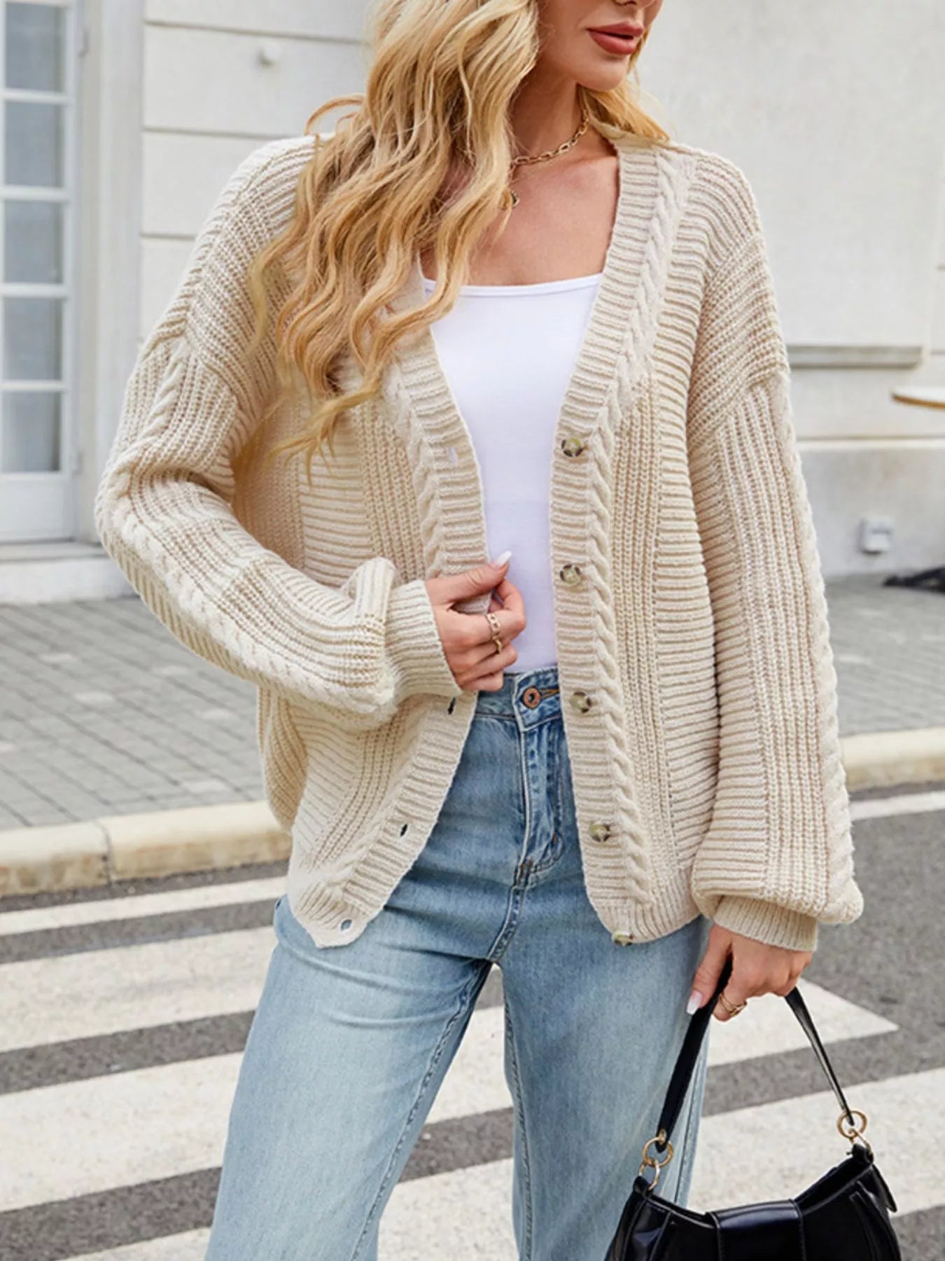 Trendsi Cable Knit Button-Up Cardigan -